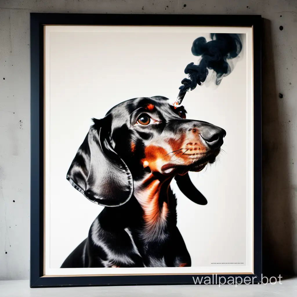A flurry of black dachshunds, partisan classical photography, a smoking dog's head, stencil art, magazine poster, stylish art