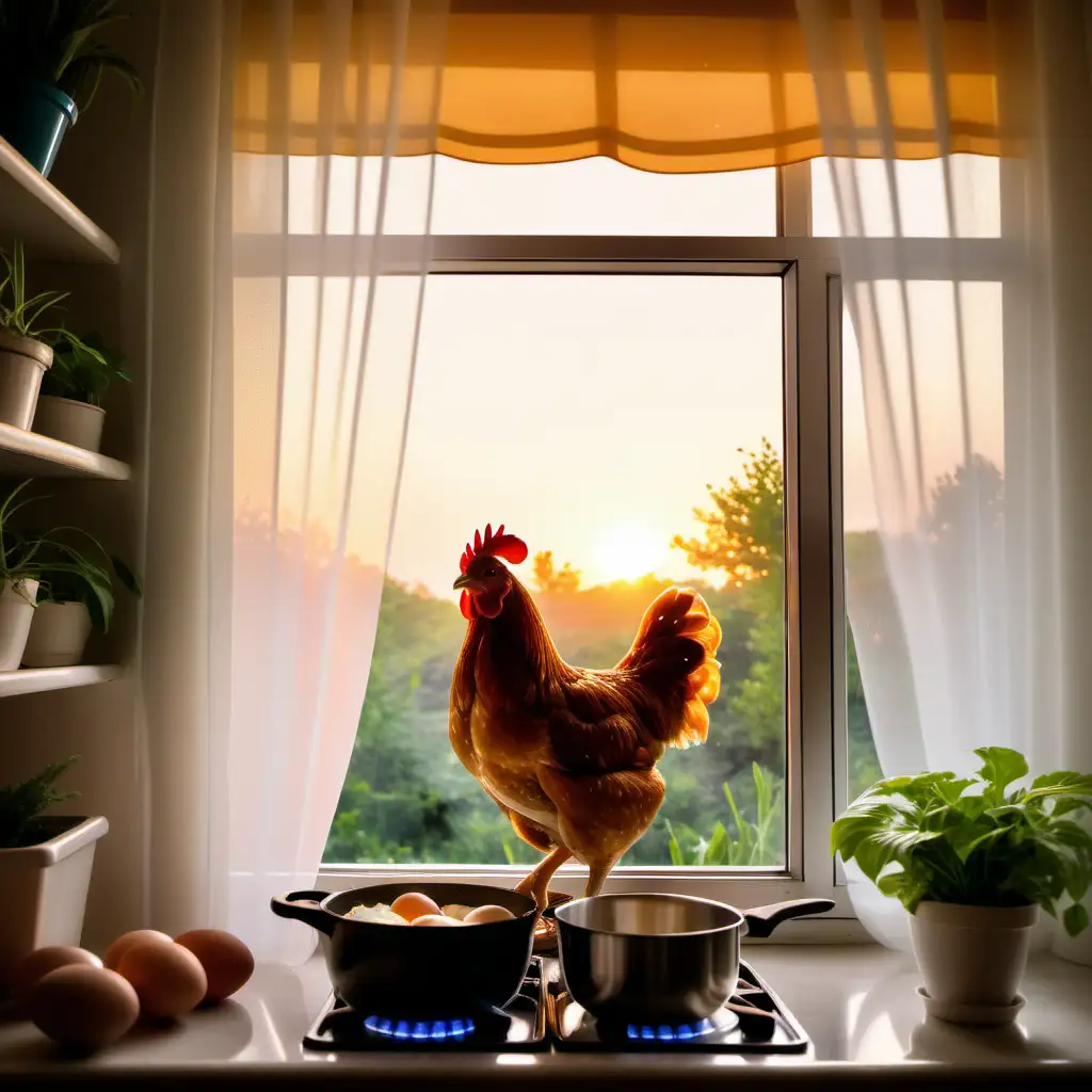 A chicken cooking in the kitchen .. plants and a bowl of eggs on the side. Sunrise through the window.. curtains open at the window, chicken wearing a little hat and glasses