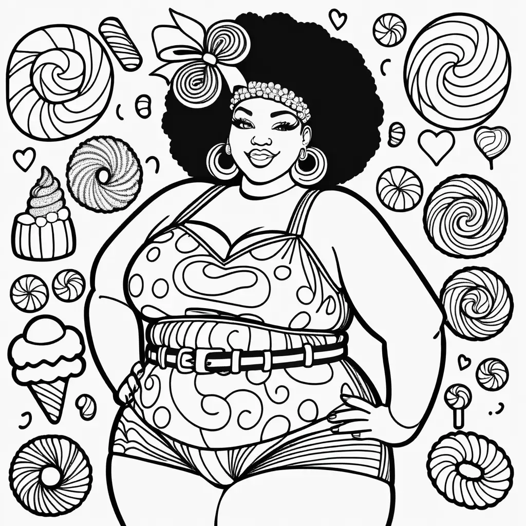 black and white line drawing of a full body curvy plus size black woman with candy hair accessories, lisa frank style
