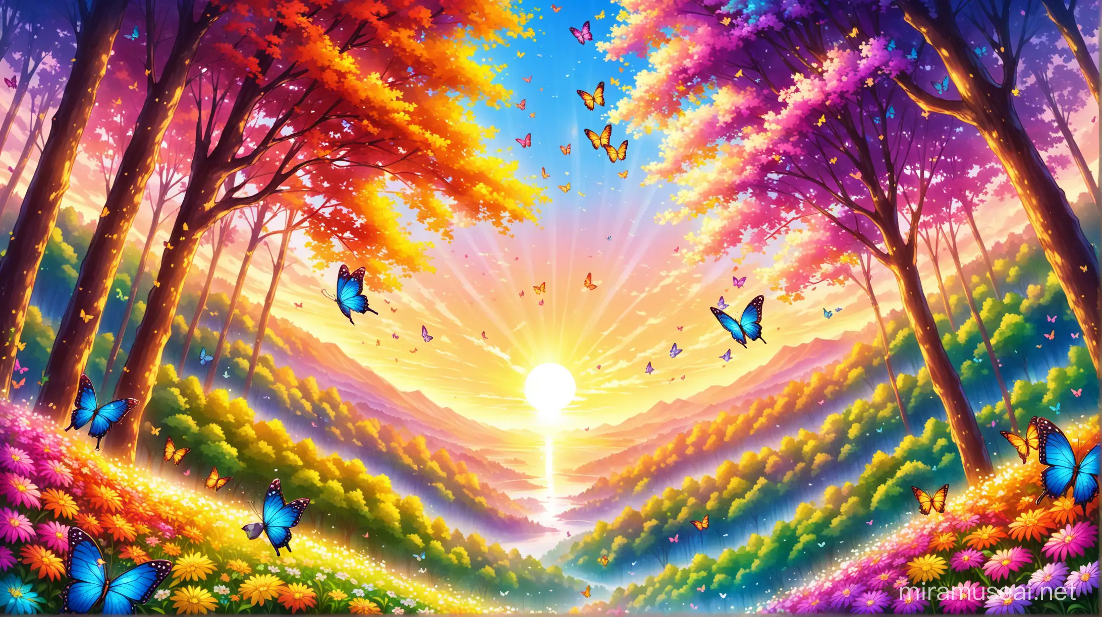 I want you to draw colorful butterflies, colorful flowers, a sunrise view, many types of trees in the forest. Draw something like that so that people will feel peaceful when they look at that picture all the time.