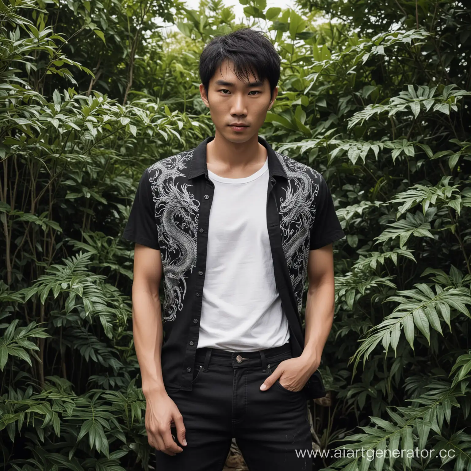 Asian-Man-Emerges-from-Bushes-in-DragonPrint-Shirt-and-Jeans