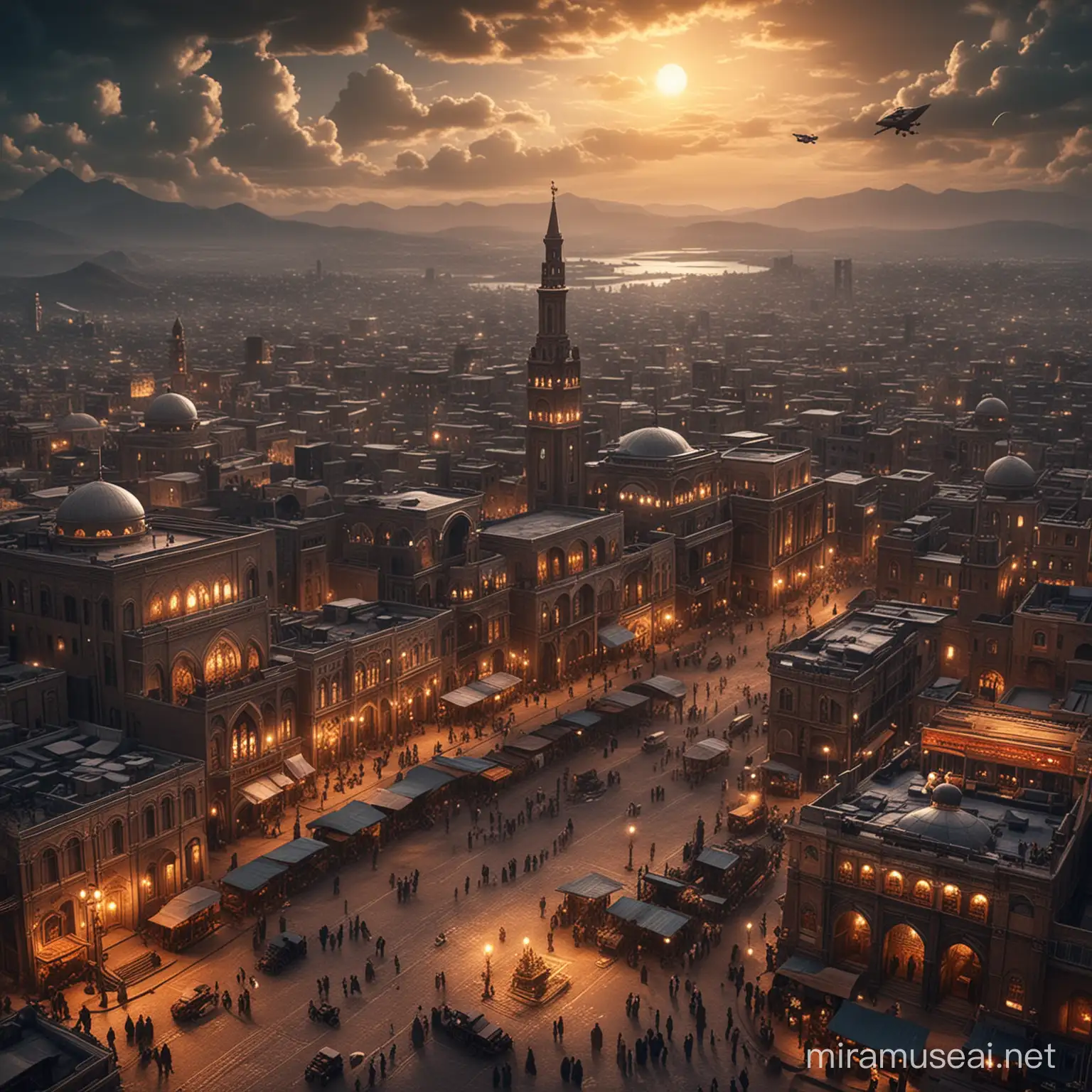Please Create a city, which will be Steampunk, Dark Academia 1880s inspired Tehran, I want this city to be historically accurate and have very Irani vibe with flying carpets and gennies