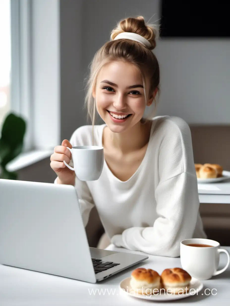 Joyful-Woman-Enjoying-Tea-and-Work-in-Bright-Setting