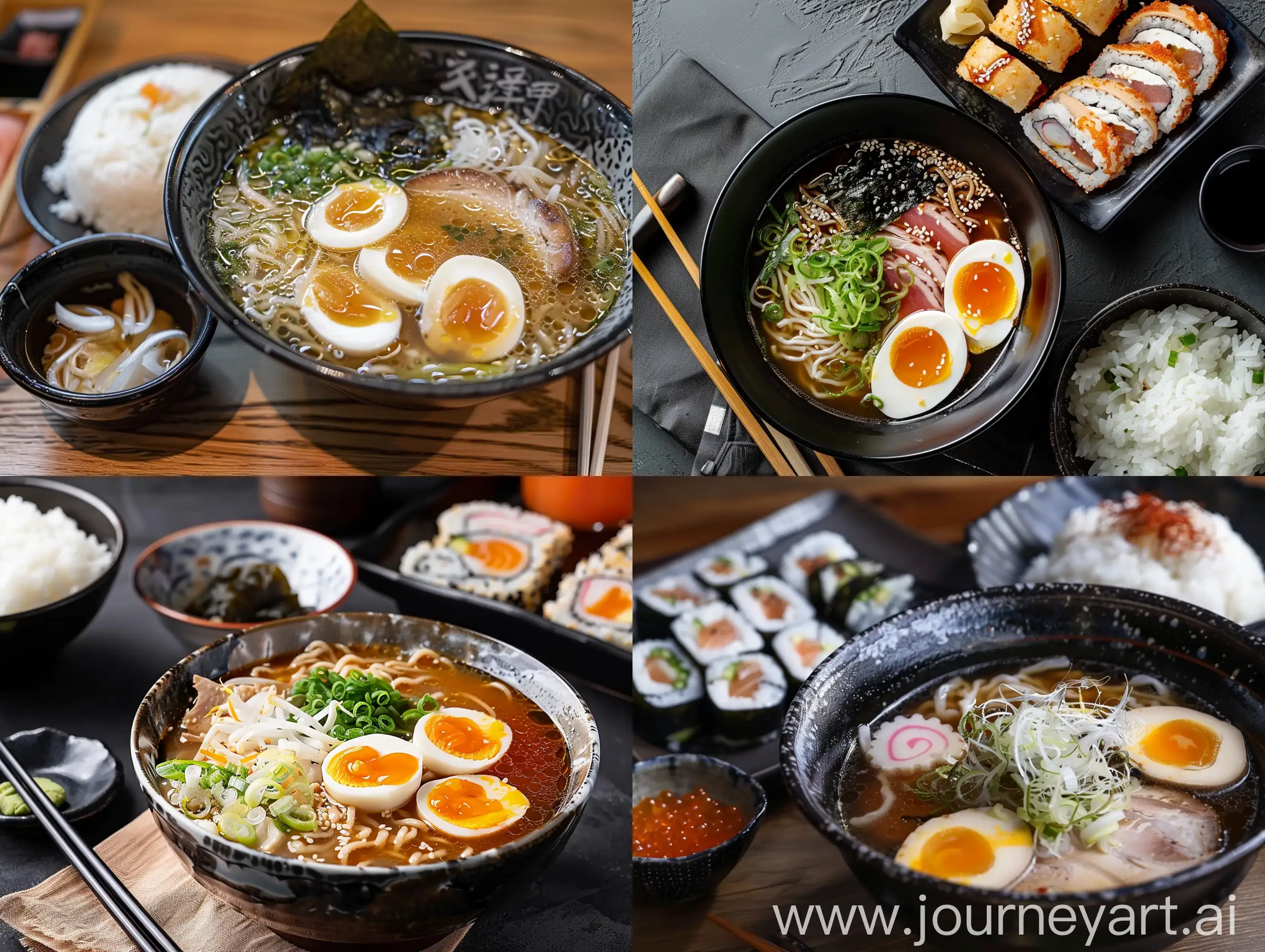Traditional Japanese food (ramen soup, rice, and sushi)