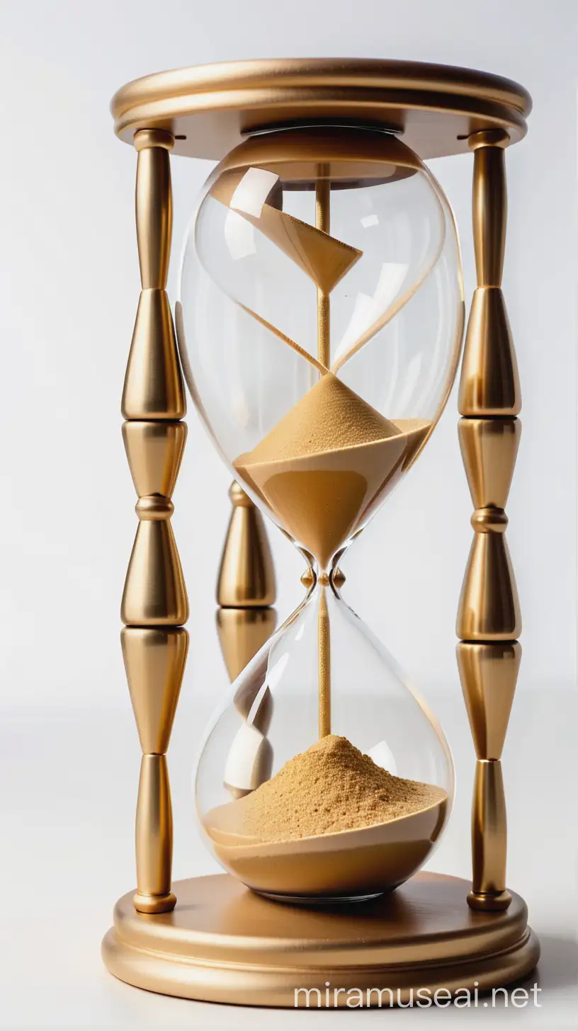 hourglass made from 6 banks. Sand into hourglass is golden. White backround.