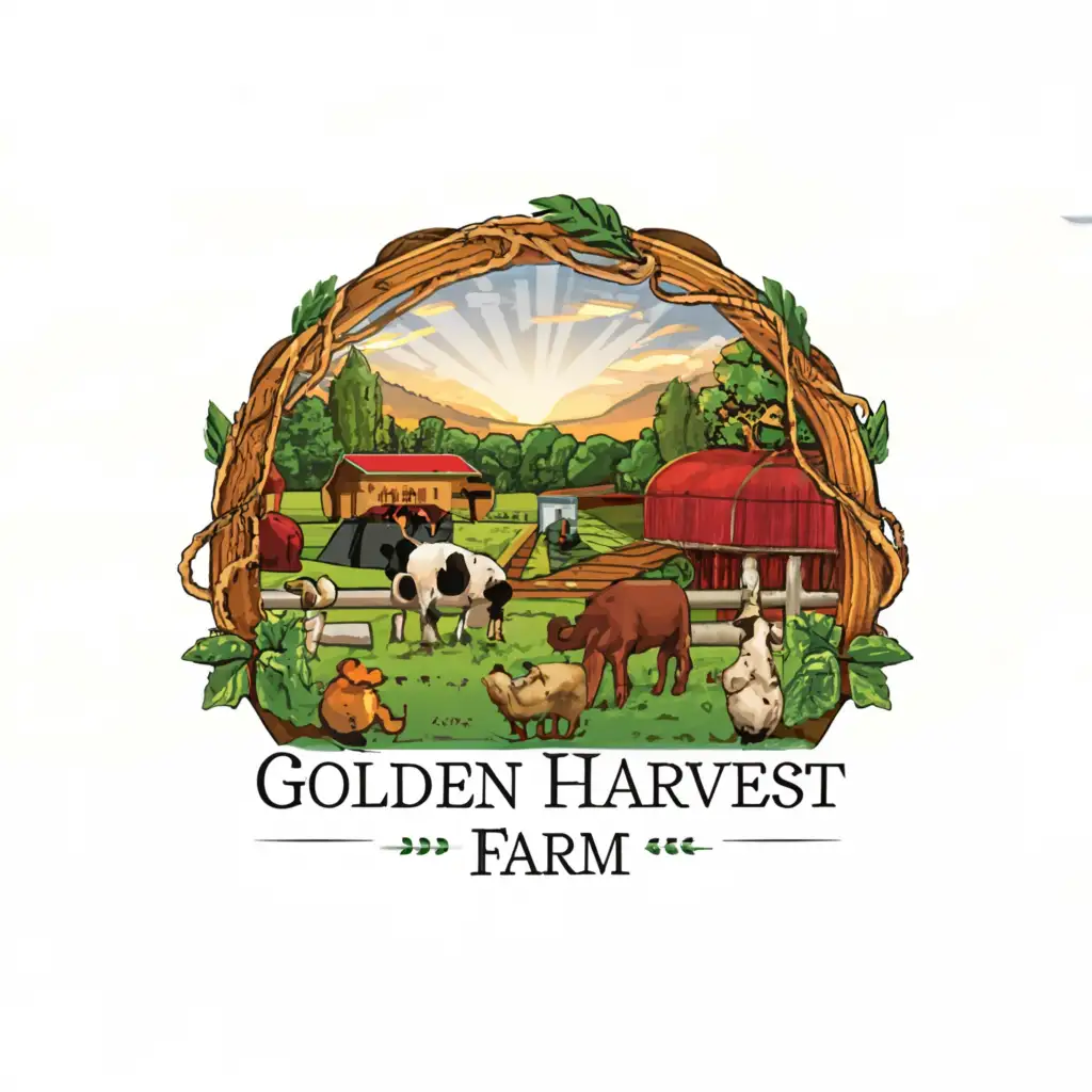 a logo design,with the text "GOLDEN HARVEST FARM", main symbol:Chicken, Pigs, Horse, Ducks, Cows, Fence, Trees, Farm, Falls, Rain,complex,be used in Animals Pets industry,clear background