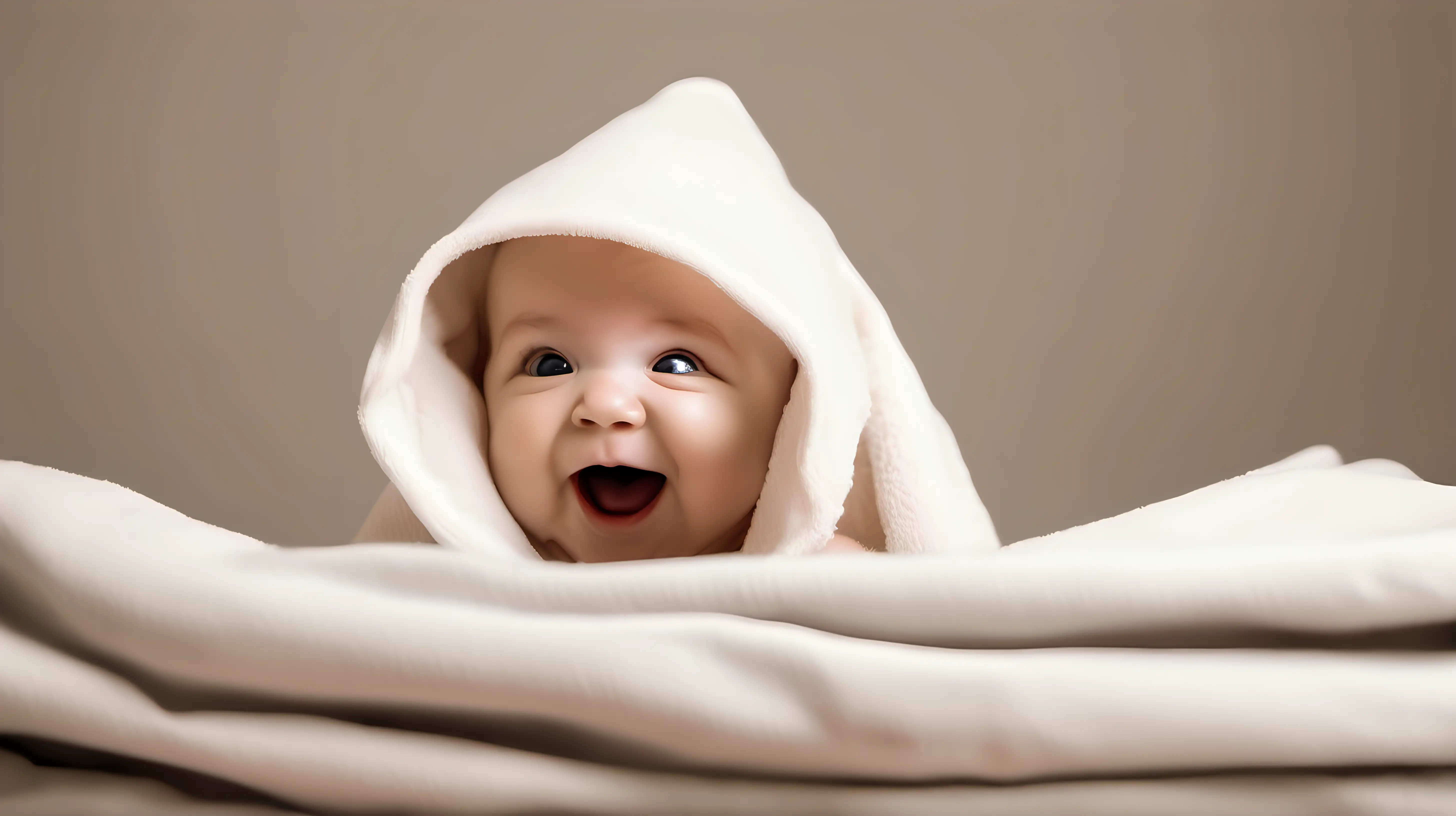 A heartwarming photo of a baby playing peek-a-boo with a soft blanket, their eyes shining with laughter and delight as they engage in the playful game against a simple, neutral backdrop.