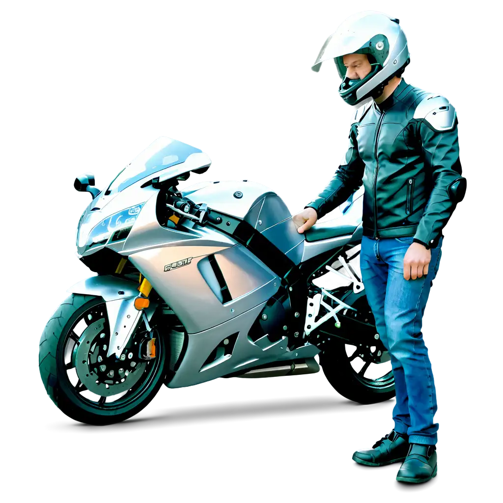 Man wearing helmet looking at silver motorcycle