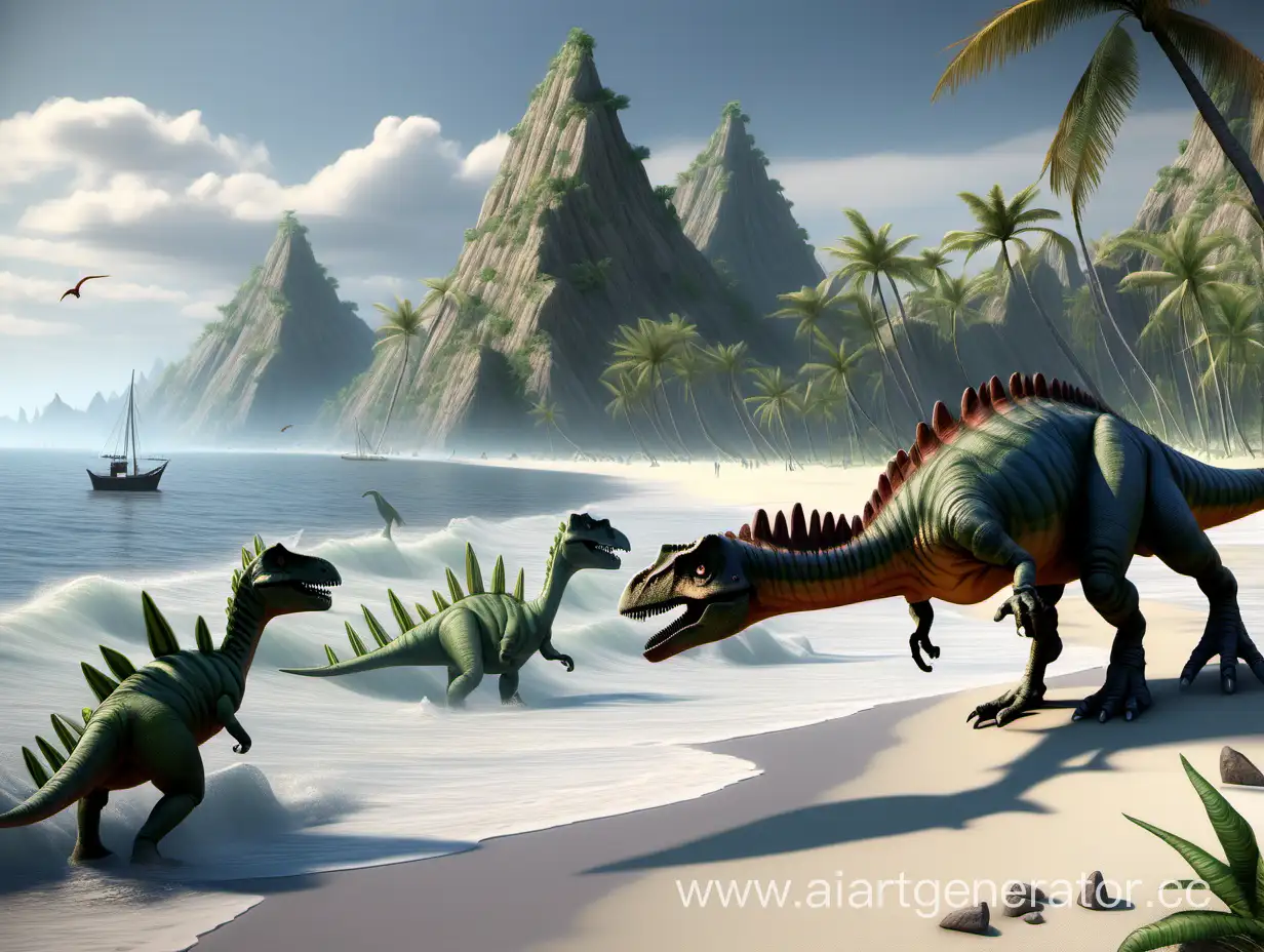 Prehistoric-Serenity-Dinosaur-Shore-Sunset-Landscape