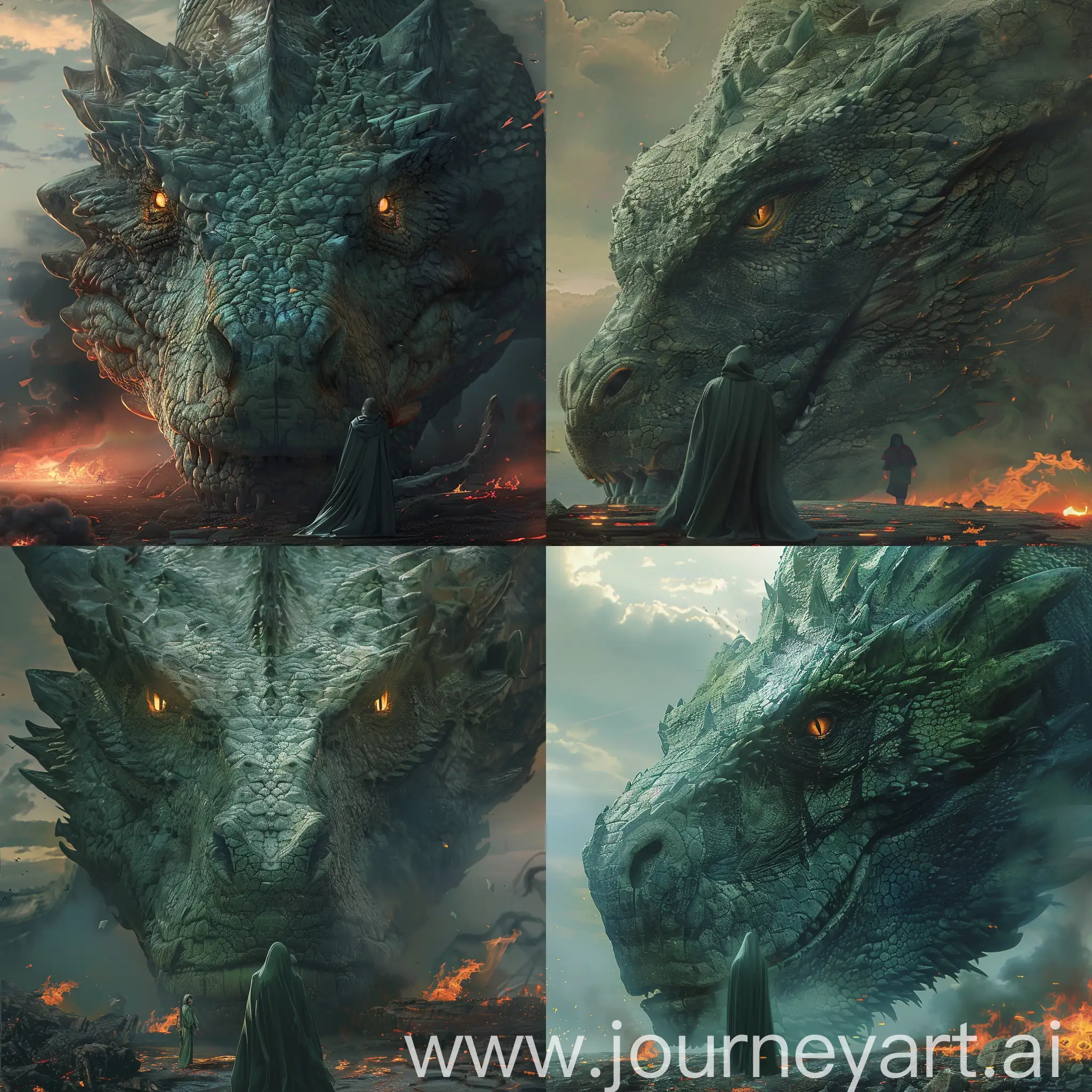 In this powerful composition, a towering, sea-green dragon fills the frame, its colossal head and layered scales finely detailed, creating a texture reminiscent of ancient, weathered stone. Its piercing amber eyes, embers set within a craggy face, fixate intensely on a diminutive, cloaked figure standing before it. The figure, draped in a dark, flowing robe that echoes the murky tones of the terrain, exudes a quiet strength and seems undaunted by the immense creature. Behind them, the landscape bears the scars of dragonfire, with smoldering embers and tendrils of smoke that rise into a dusky sky, subtly illuminated by the remnants of a sunset. The composition contrasts the scale and wild nature of the dragon with the poised, enigmatic figure, suggesting a narrative filled with tension and impending drama. The scene is a masterful balance of light and shadow, color, and form, capturing a moment that teeters between confrontation and communion