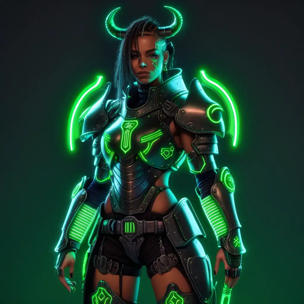 Taurus zodiac themed cyberpunk female medieval knight with green neon lights full body no weapon