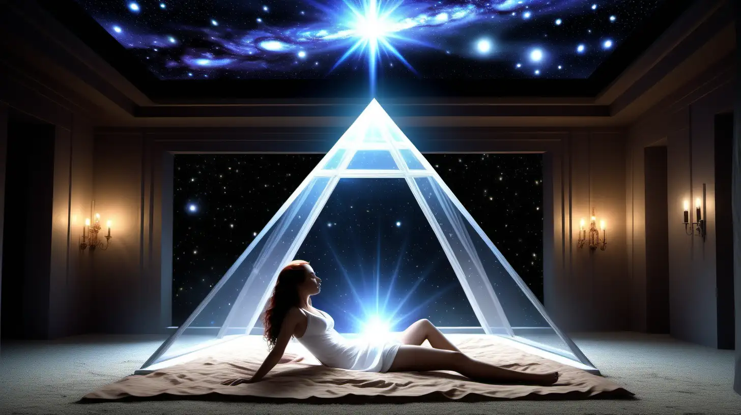 Divine pyramid healing light of galactic universe. Show pleiades around pyramid pouring light into a human laying inside pyramid receiving healing. Make it cinematic and realistic like a movie. Make the pyramid a copper pyramid with crystals on the top and at the corners. Make the human lying down on a bed inside the base receiving the light pouring into their heart and body. Make it cinematic and realistic like a movie even more. Make the pyramid see through and inside a room on a space ship. Make it more cinematic and realistic. Now have light pouring in from the star illuminating the human. Just like that but now put a human laying on a bed inside the pyramid receiving the light. Now put the pyramid in a room under the galaxy and pleaides. Make it cinematic and realistic like a real life movie. Show the light entering and reach the human's body. Make it more real-life and cinematic. More healing light into the human. Show crystals around the room. Make it more cinematic and realistic. Bring the light further down into the body. Put clear quartz crystals in the corners of the room and make them shine bright. Add Galactic Confederation of Light. Add source light healing. Add light beings around human healing them. Now add universal angels around the room. Make it more cinematic and realistic. More real life like. More realistic. More cinematic like a movie. Now put crystals in the corner of that room. And make her breasts smaller. Make her wearing white clothes. Make the clothes less revealing. Put her legs together. Make her lay flat. See angels around here. Make her lay flat now.