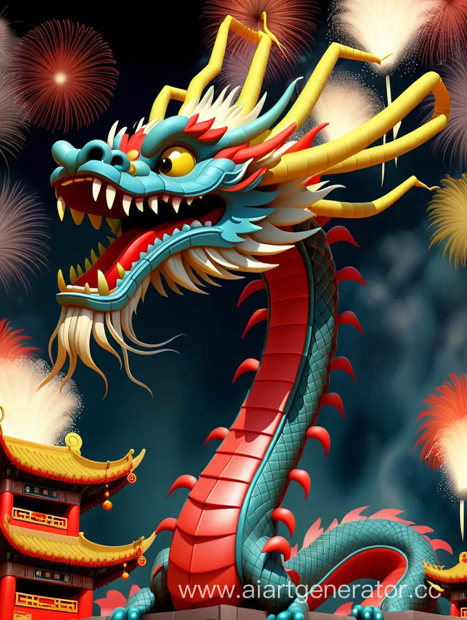 During the Spring Festival, a kind Chinese dragon flies among the fireworks