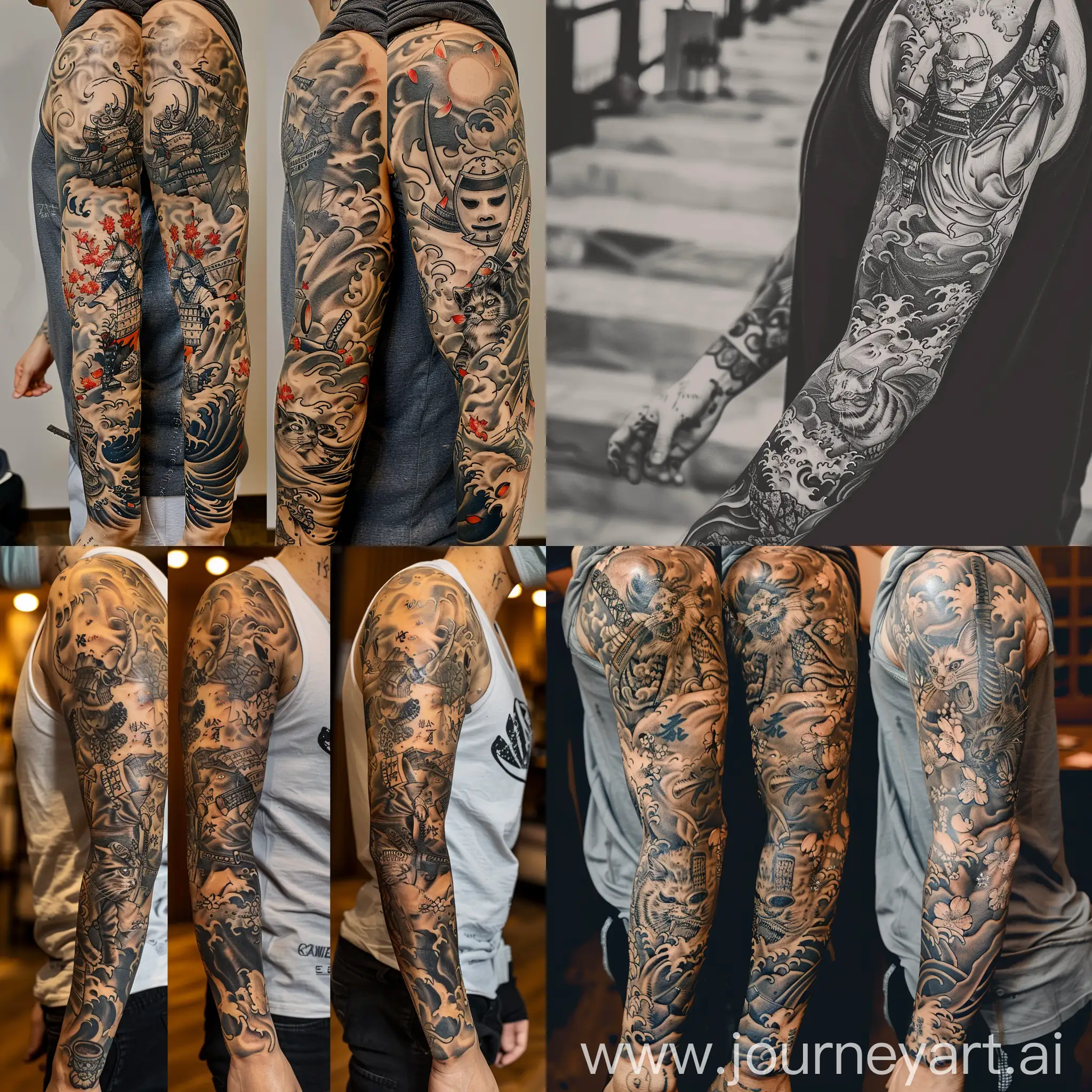 full sleeve tattoo in old japanese style with a samurai, oni and a cat with ninja kamui mask on, waves, a bit of cherry blossoms