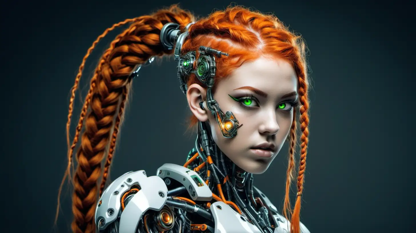 Cyborg woman, 18 years old. She has a cyborg face, but she is extremely beautiful. Orange wild hair, braids, green eyes.