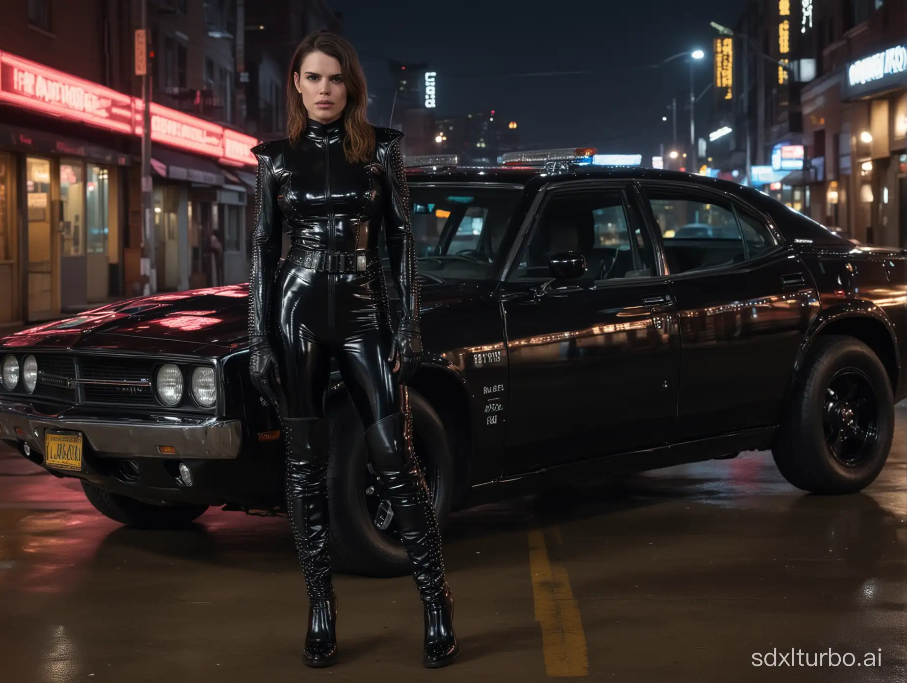 detailled hd photo, full-length framing, cyberpunk police woman Clea Duvall standing, wearing black low-cut shiny pvc catsuit, wearing long shiny pvc gloves, wearing shiny pvc thigh high boots, spikes and studs, in cyberpunk city at night with dodge charger police car, illuminated by neon