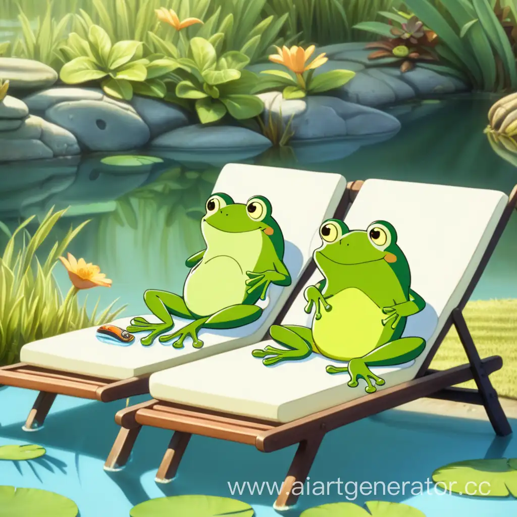 две лягушки, лежат на спине, на шезлонге, около пруда, в анимационном стиле