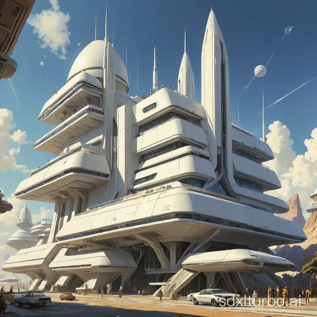 Futurist white architecture in the universe, adopting the style of Ralph McQuarrie and John Berkey, with a minimalistic 70s sci-fi fantasy art style, American retro color difference.