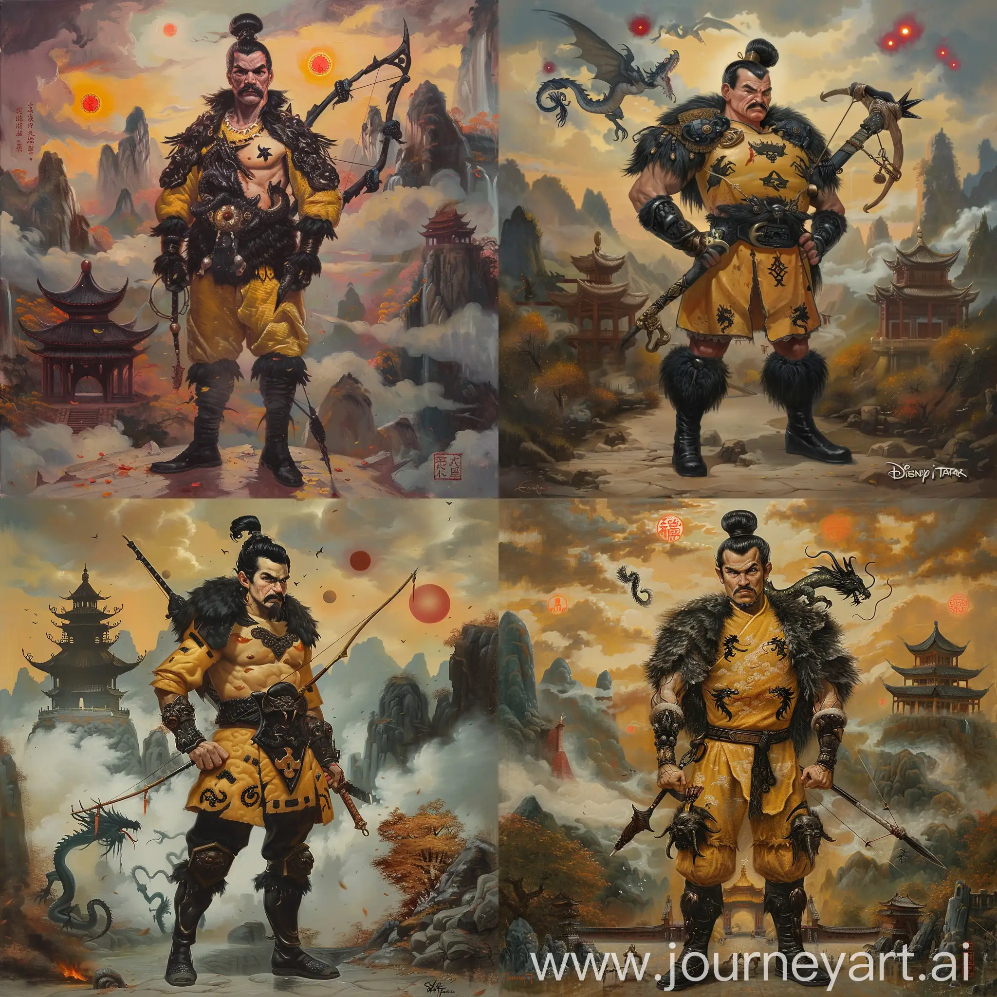 Historic painting style:

a Disney's charming American Villain Hunter: Clayton,

from Disney's cartoon Tarzan,

with black ancient male hair bun style and a black mustache, two white sideburns,

he is about 50 years old,

he wears black boots, a dark yellow color Chinese medieval fur armor with black dragon emblems,

he has a Chinese medieval crossbow on his back, he has a Chinese medieval hunter saber in right hand,

Chinese Guilin mountains and temple as background,  evil iced dragons and three small red blood suns in cloudy sky.