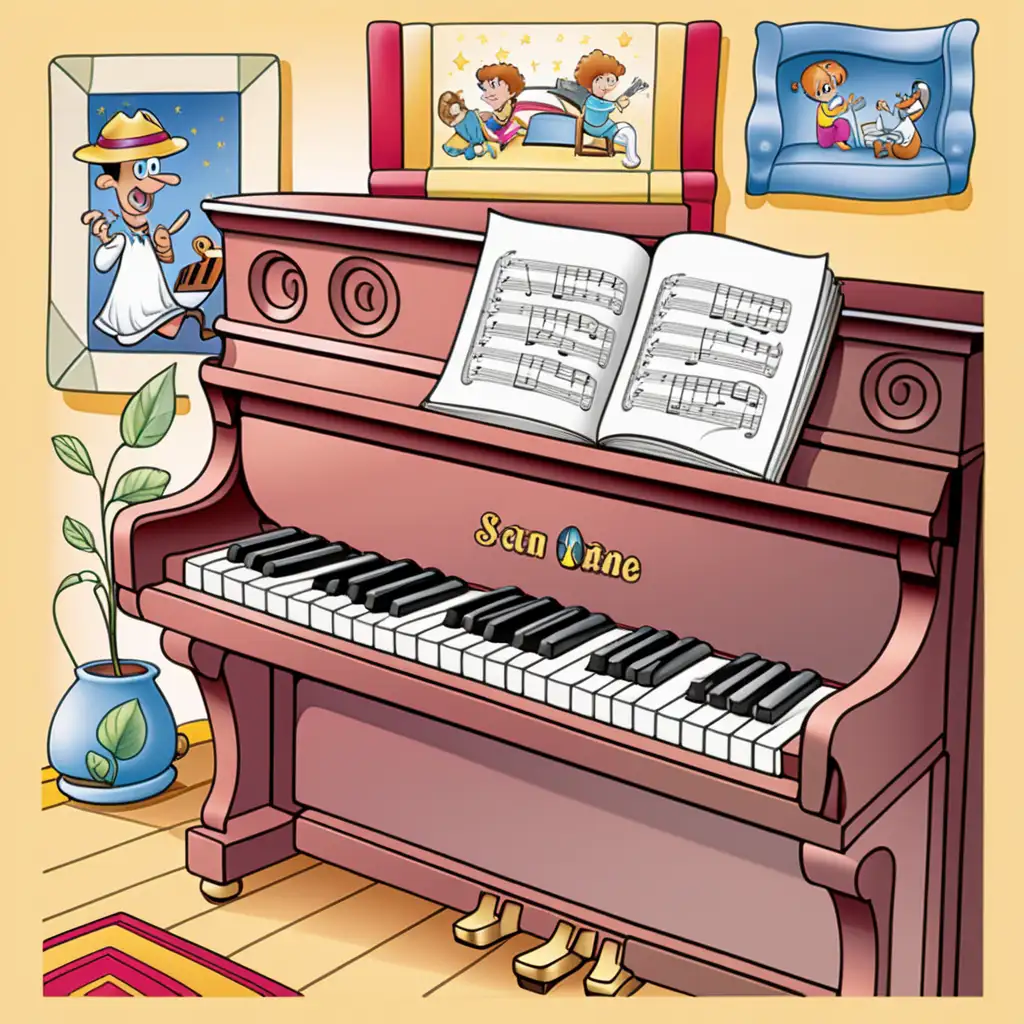 colored page funny image with a piano background for a cartoon book