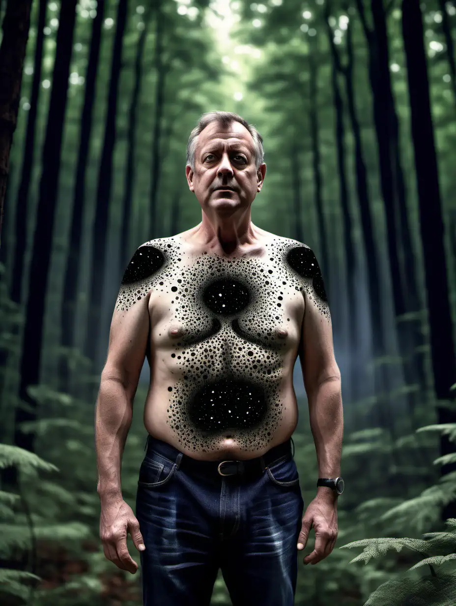 A hyper realistic photo of a middle aged man with his shirt off coved in black holes in a forest like background 