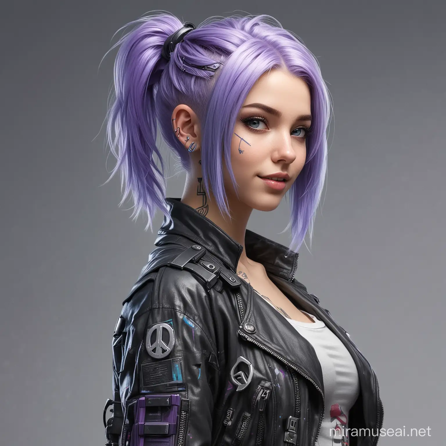 Create a 15 year old cyberpunk girl with short side-swept light blue and purple hair who is posing.  Making the peace symbol Make the girl smile slyly. not a lot of skin showing