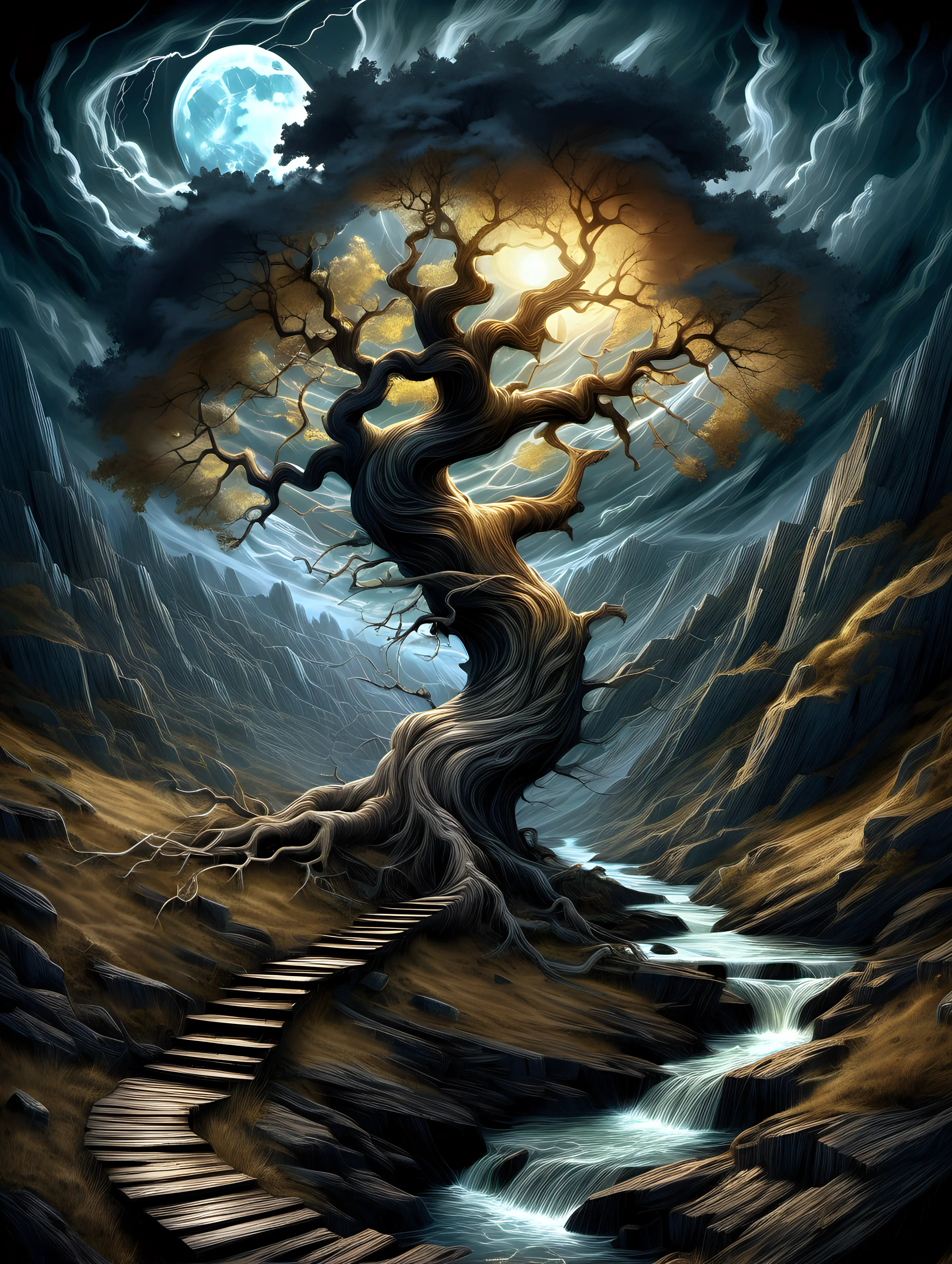 Colourfull,Natural portal, epic cinematic, breathtaking, intricate, insanely detailed hand drawing of dramatic storm clouds, dark night and bright moonlight on an aesthetically remarkable old oak tree tousled by the stream, a restless river, a winding path, mountains, in the style of Tomasz Allen Kopera, Dariusz Zawadzki, Andreja Peklar, Ivan Shiskin, Jean-Baptiste Monge, Rebecca Guay, breathtaking surreal landscape ​
