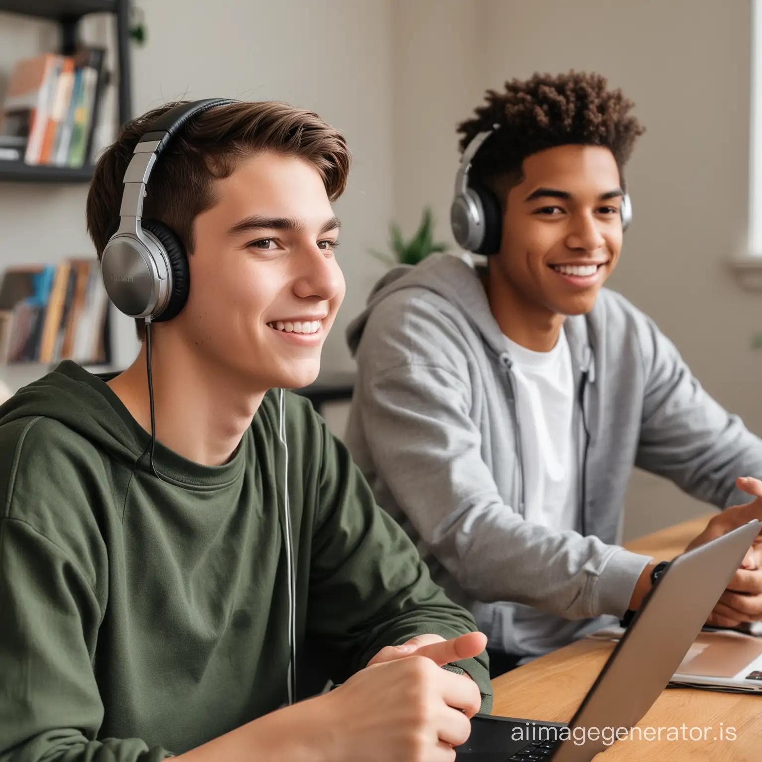 two teenagers who are listening to a podcast