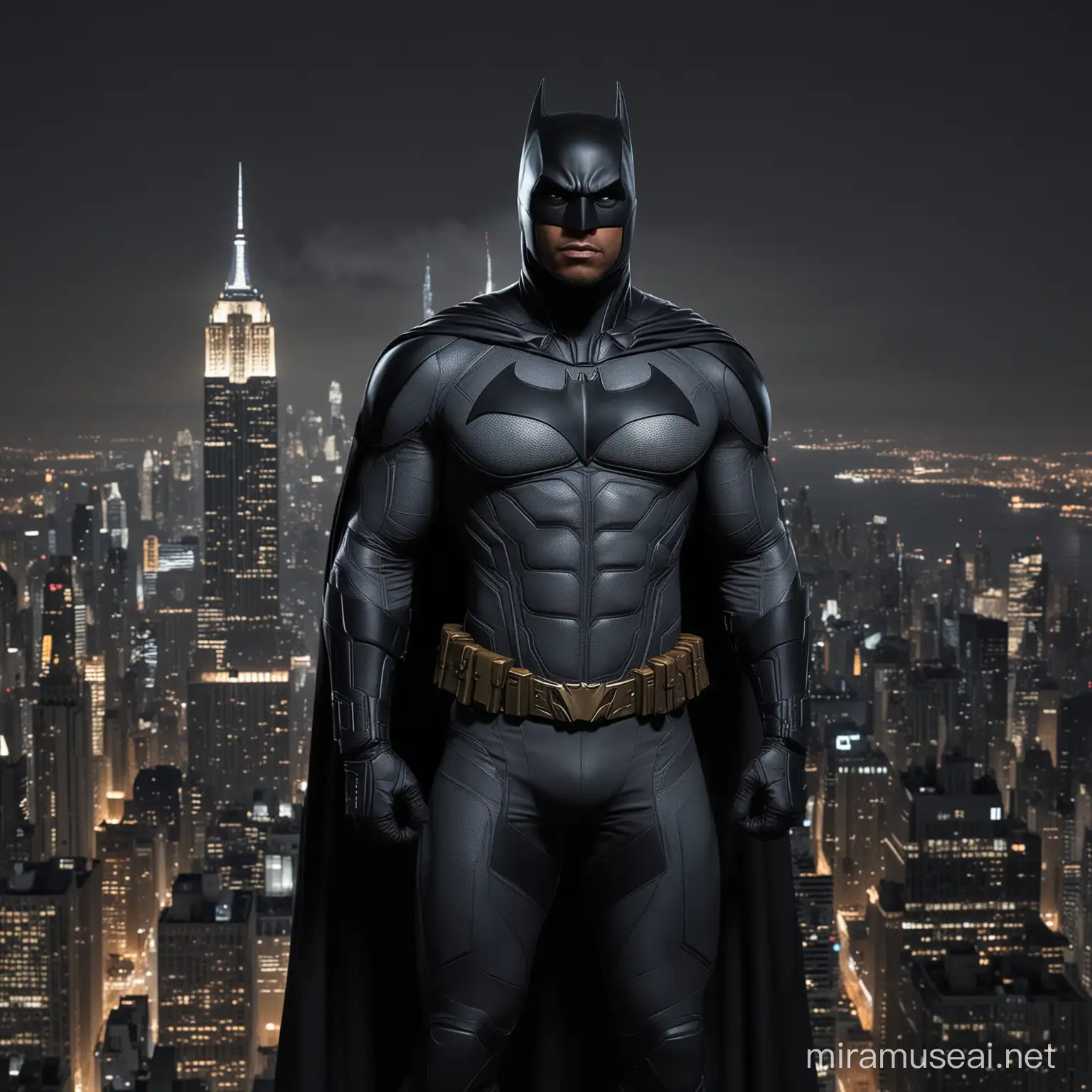 African American actor Rege jean Page as Batman, grey batsuit suit, black cape and cowl, Standing on top of a skyscraper in Manhattan at night, 8K, highly detailed, trending on artstation, realistic, the cape should be floor length