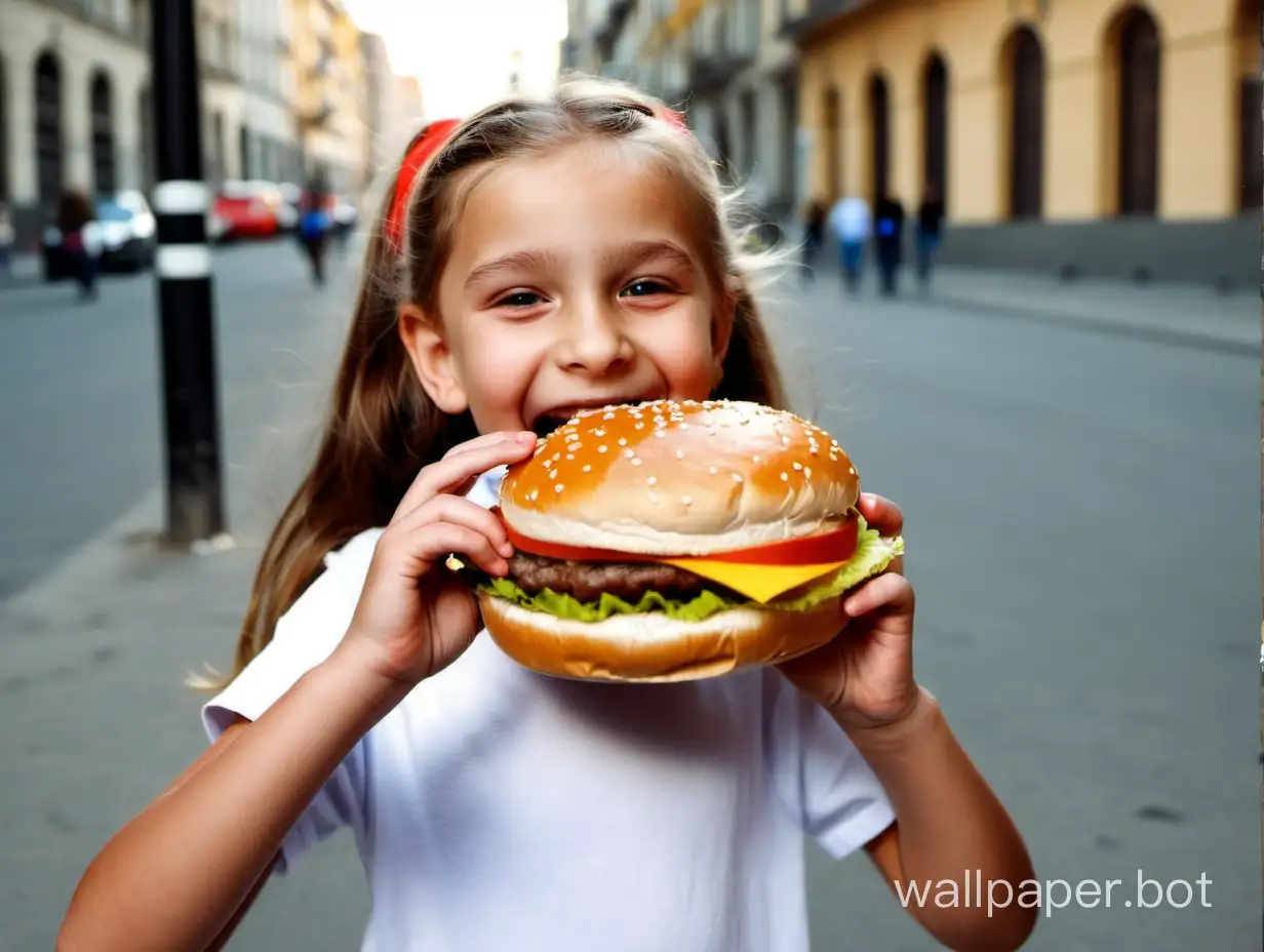 cheerful girl 11 years old eats a huge hamburger on the street