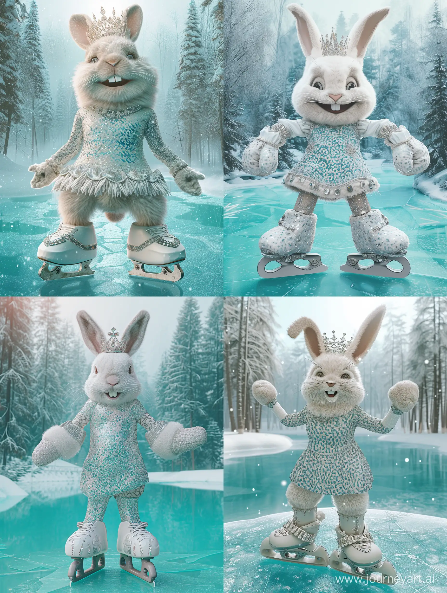 Realistic kind smiling white skater bunny in tiara, short sparkling white-blue-silver patterned dress with long white and silver sleeves and in detailed white and silver big realistic skates
Two paws in full height on the aquamarine ice of a magical lake against the background of a snow-covered fairytale forest with fir trees, mysterious haze, bright lighting, high resolution, high detail
 --v 6 --ar 3:4 --no 47157