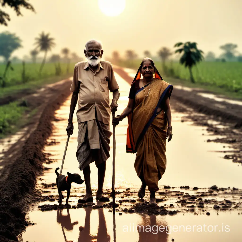 An Indian old man walking on a muddy road with setting sun on his backdrop, with a walking stick in one hand and a dog on the other. His dress is not new, a woman passing him, Indian village as theme