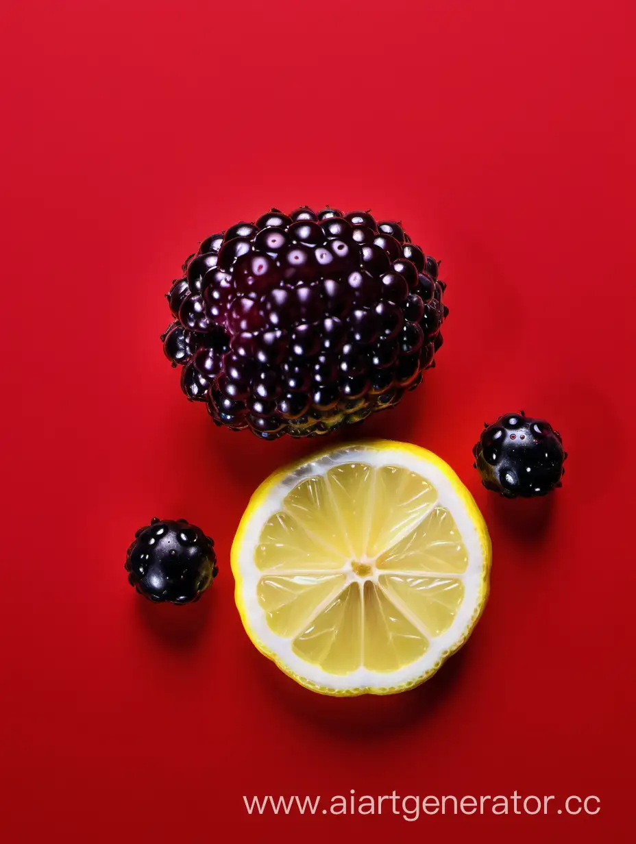 Boysenberry-and-Lemon-Slices-Water-Drop-on-Vibrant-Red-Background