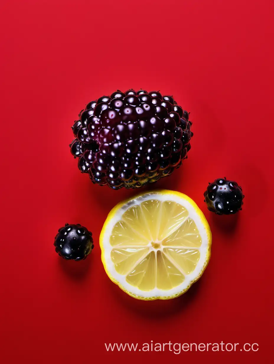 Boysenberry with lemon slices water drop on RED background