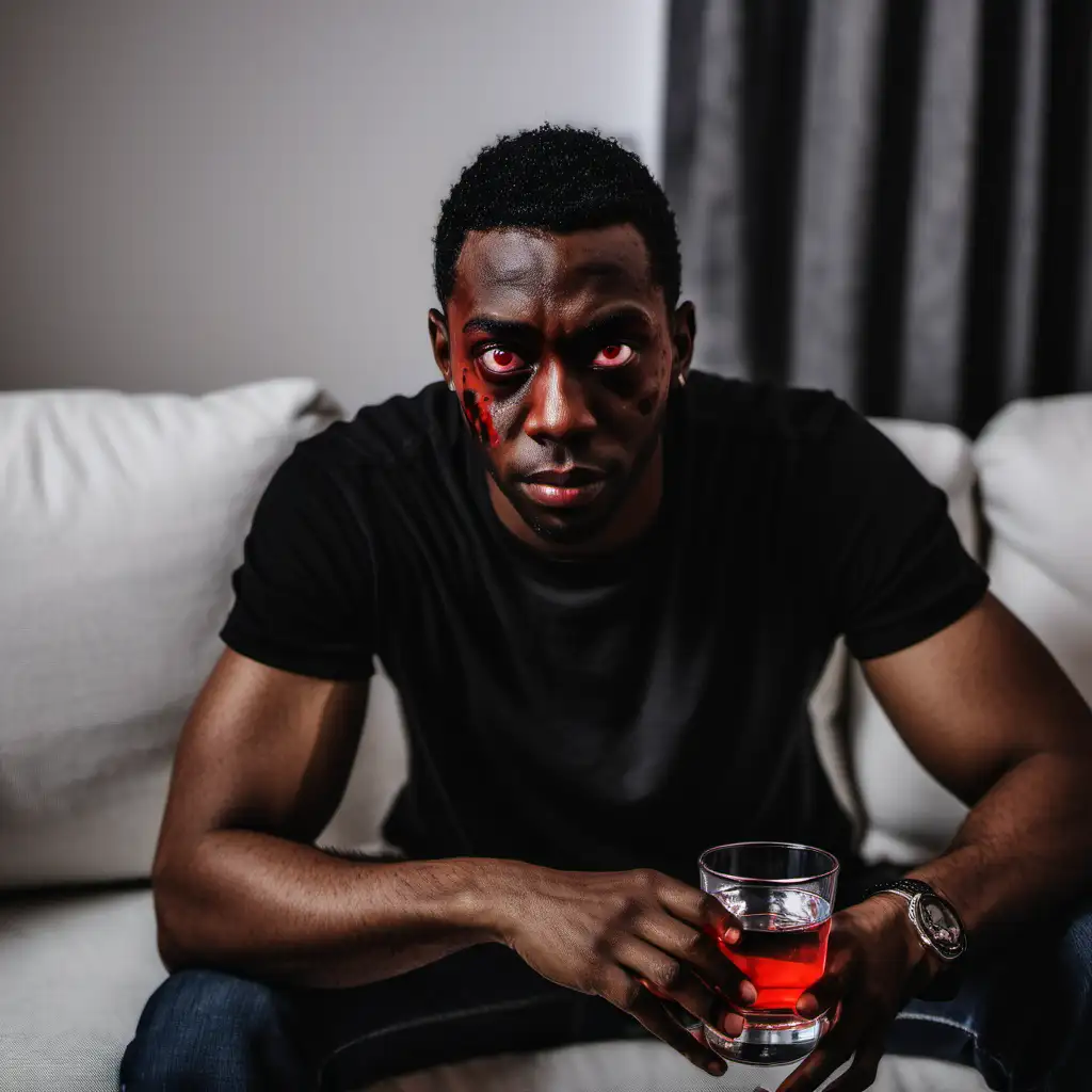 Young Man with Striking Red Eyes Enjoying Vodka on Living Room Couch