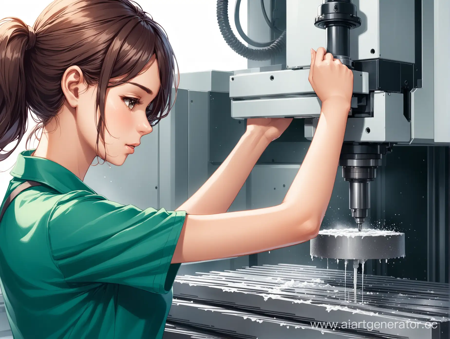 Girl-Cleaning-Industrial-CNC-Milling-Machine