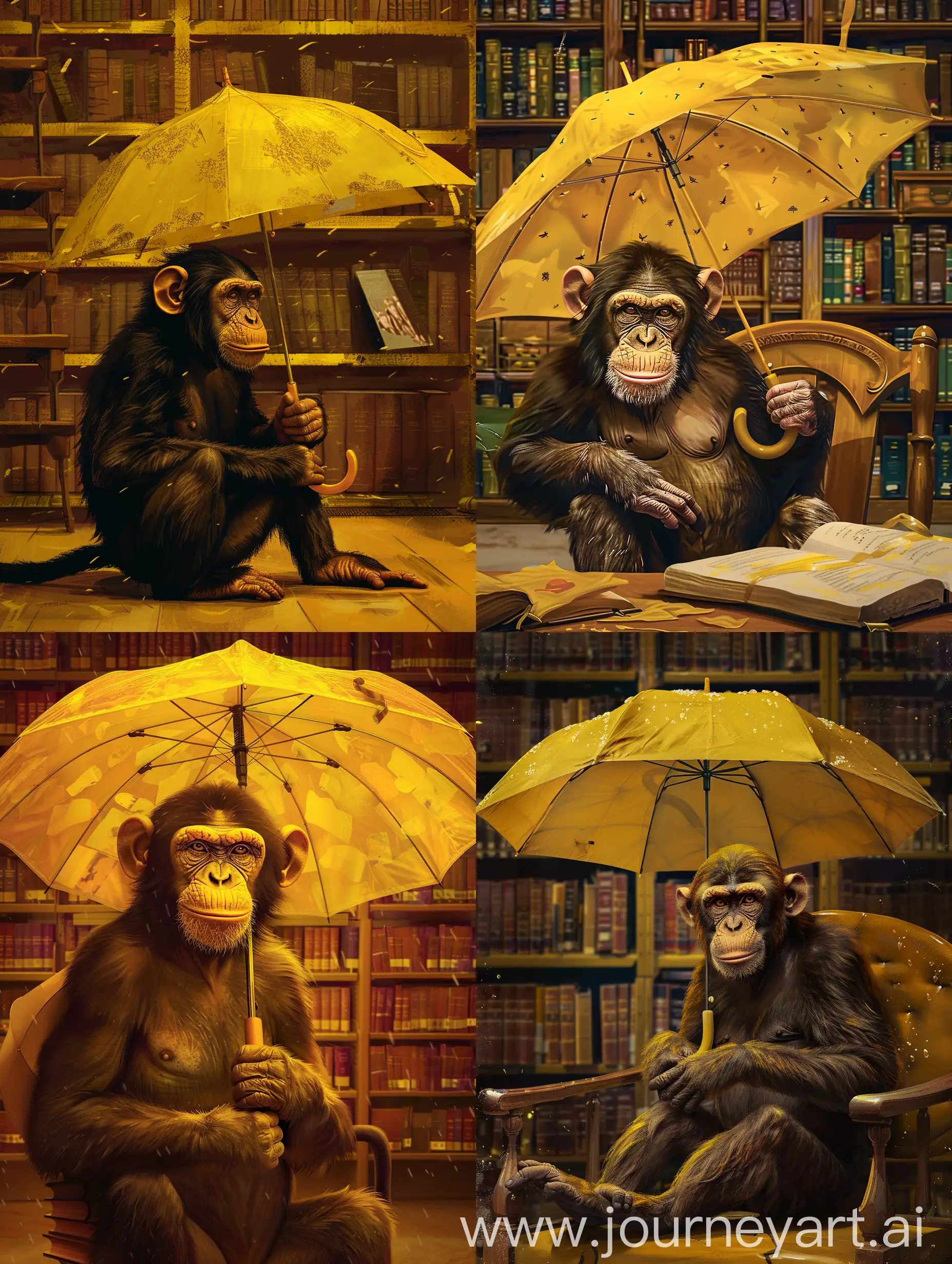 A monkey, with an umbrella, in a librayr, main color yellow, surrealistic style
