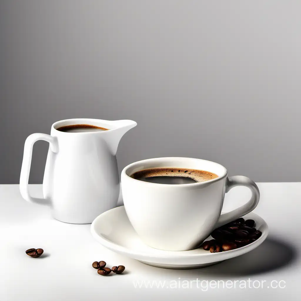 Сup of Coffee with Milk Jug on white Background. very light white background 