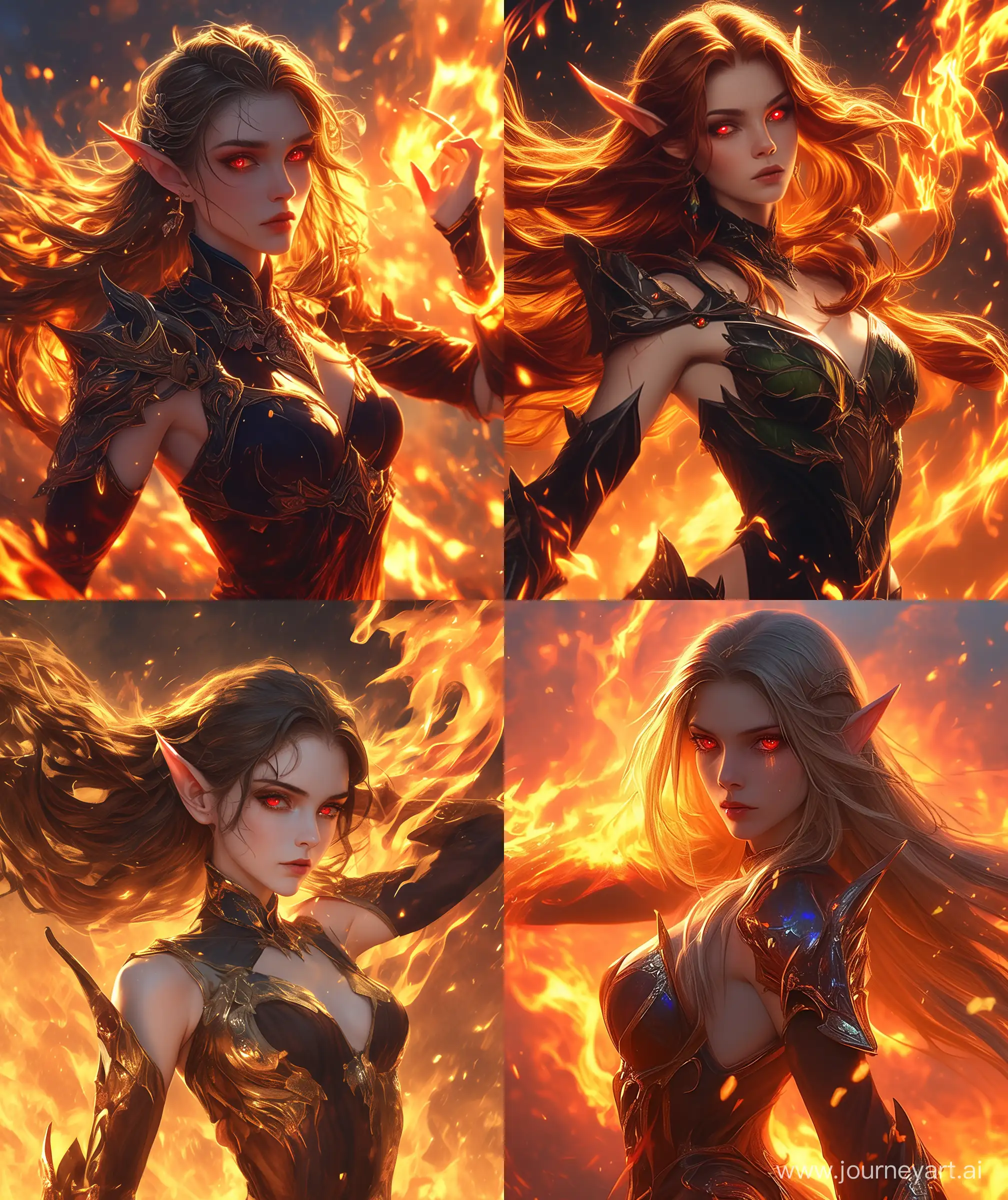 Beautiful elf woman, controlling fire, looking at viewers, beautiful red lens eyes, dynamic pose, upper body, glistening atmosphere, fire arena pit background, confidence face, godess warrior like dress up, amber hair colour, ultra hd, High quality  --ar 27:32 --niji 6