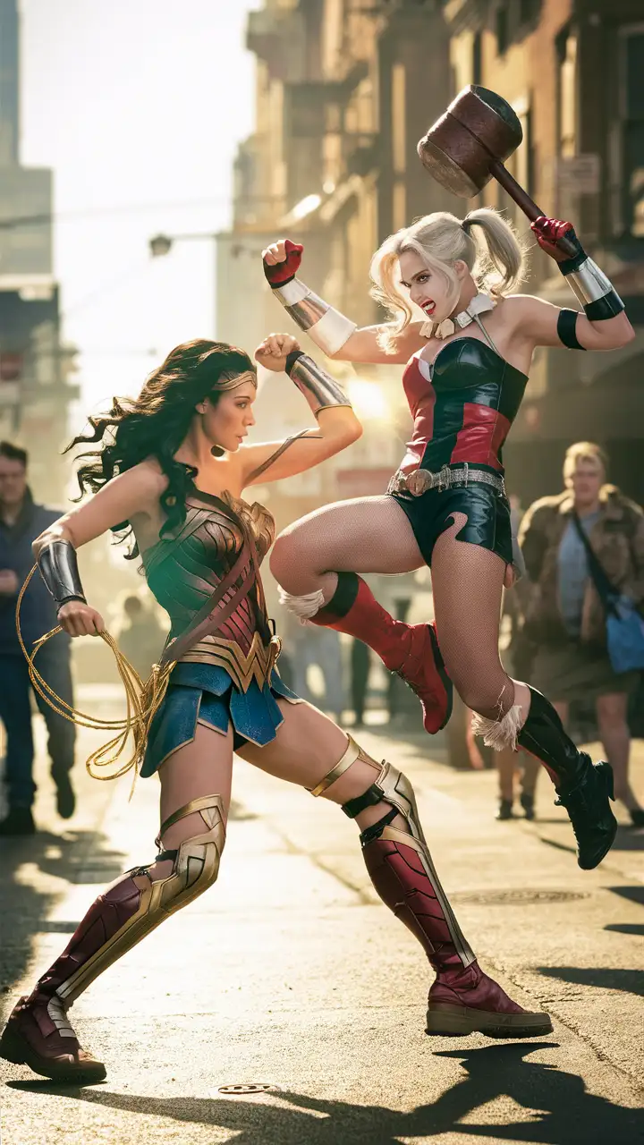 Wonder woman and Harley Quinn fighting on the street. Daylight 