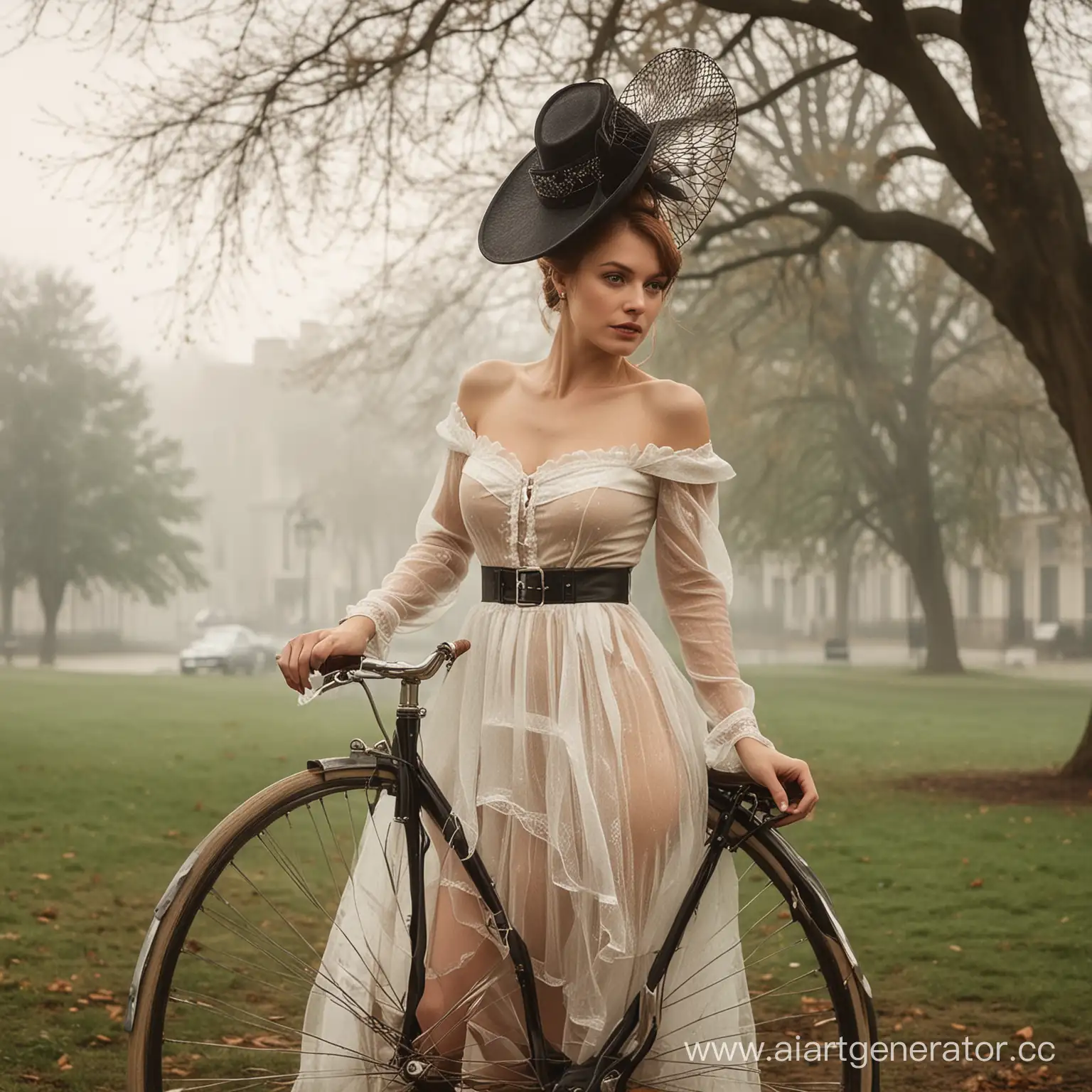 Portrait of a beautiful half-naked European woman in silk stockings on her belt. In a long luxurious modernist dress. She has a large bicycle wheel on her head, instead of a fashionable hat. She is looking down. All against the background of the English regular park. The end of the 19th century. One universal light source. Fog. Everything is in style of vintage black and white photos.