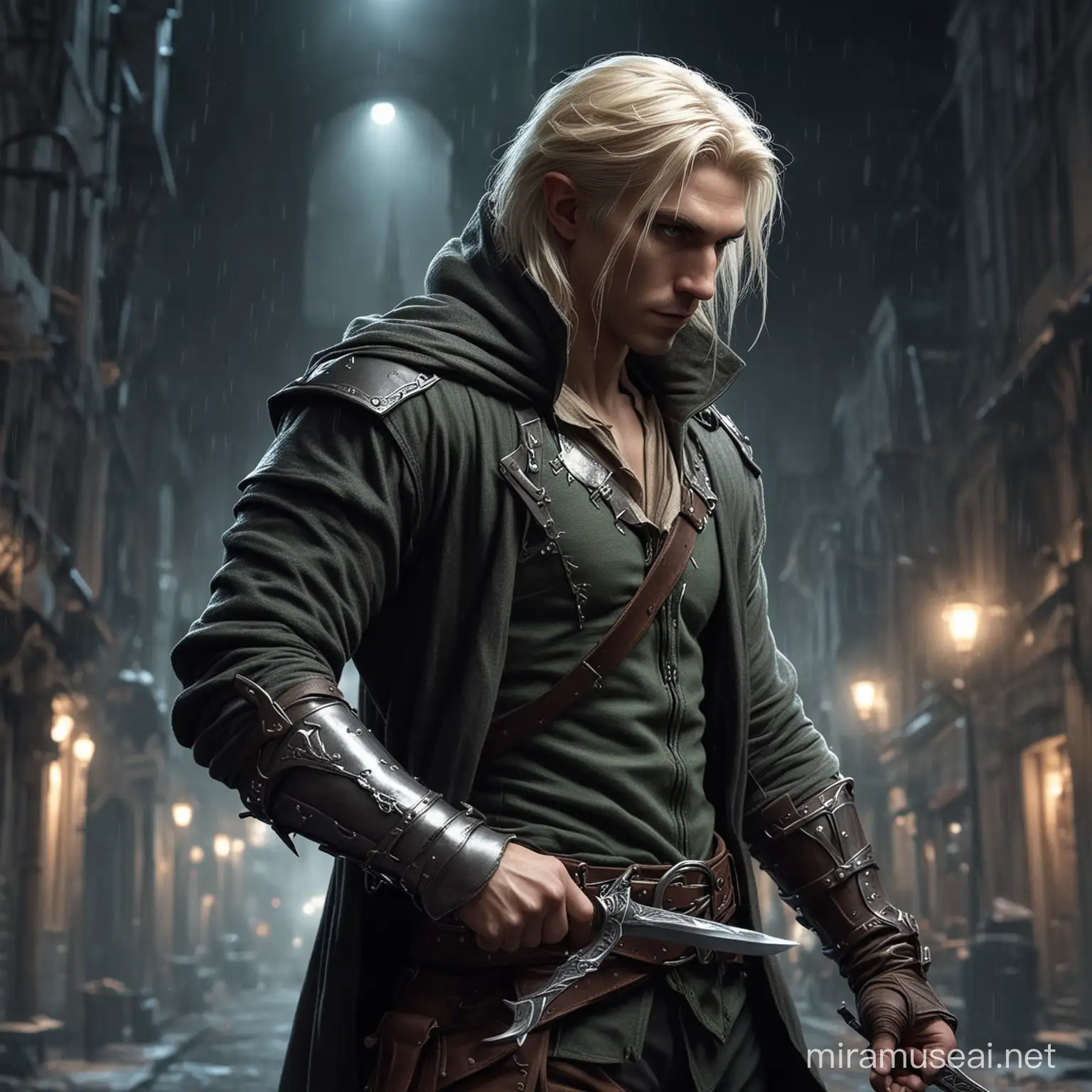 блондин эльф-разбойник-мужчина с  волосами, спрятанными в капюшон совершает кражу ночью в фентези городе держа в руке клинок