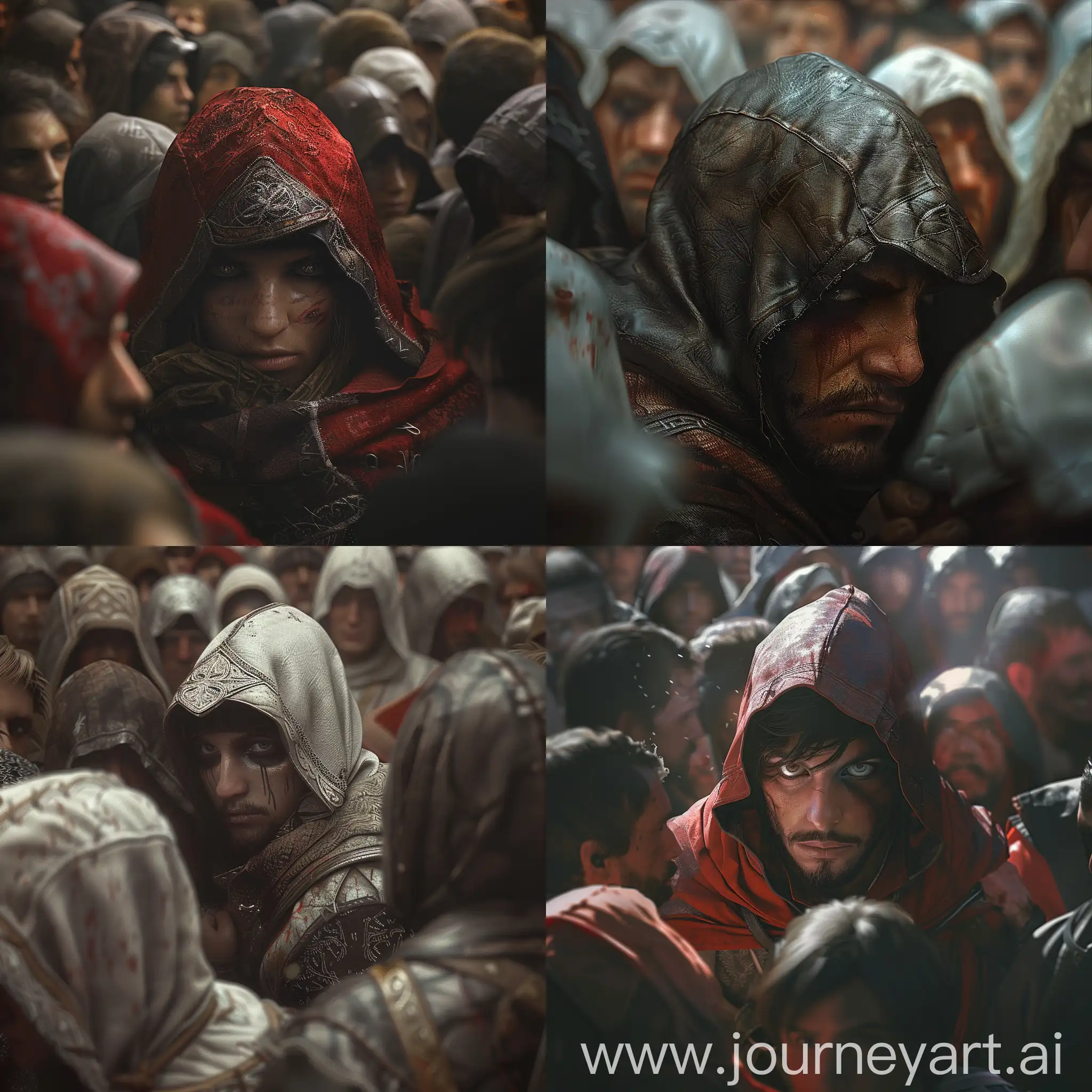 assassin creed, hiding in a crowd, while getting stabbed,
 , 3 d anime realistic, hyper realistic anime, anime style 4 k, 4k, photorealistic anime, realistic anime 3 d style, 4k highly detailed digital art, ultra detailed portrait, 8k high quality detailed art, anime highly detailed