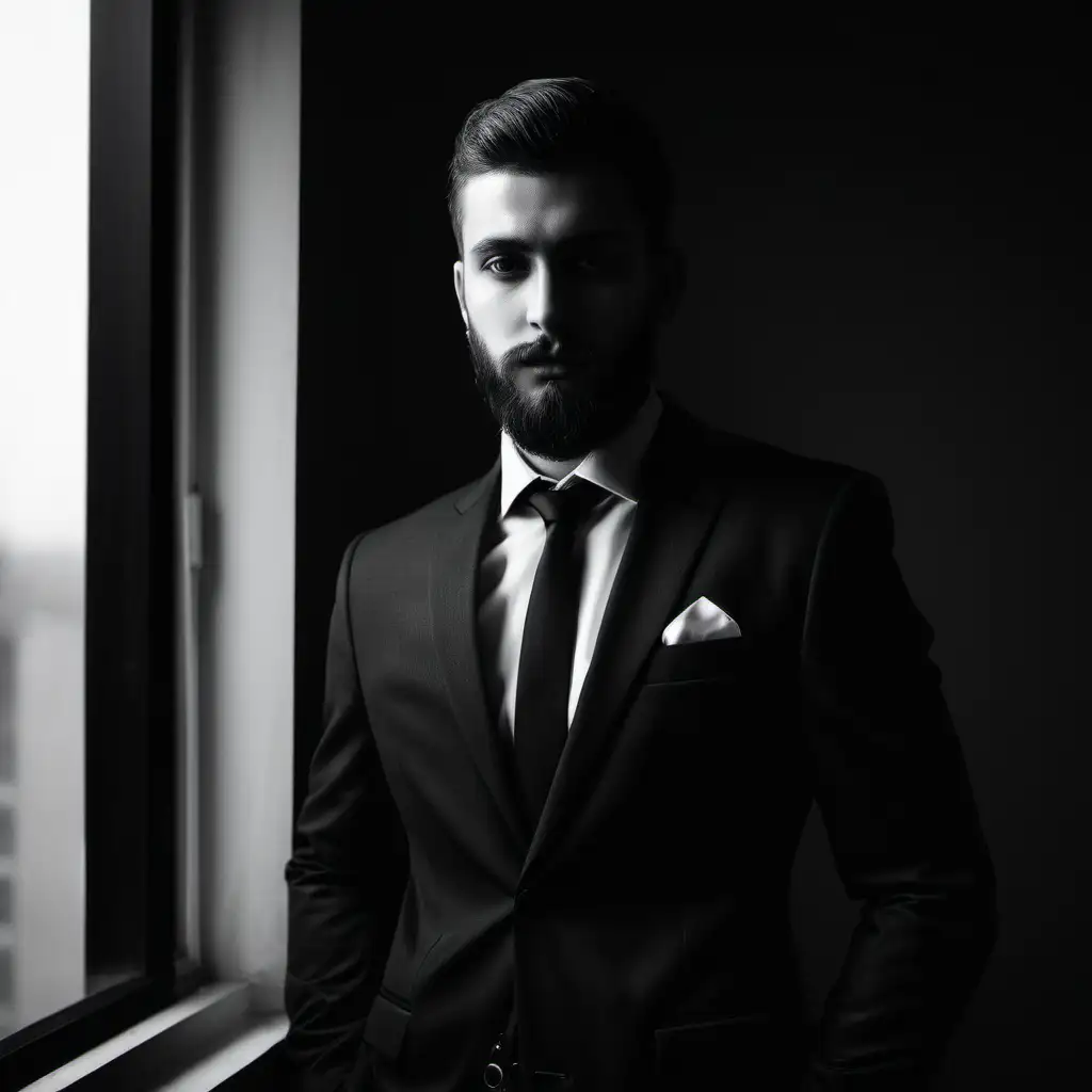 Stylish Bearded Man in Suit by Window Contemporary Elegance in Monochrome Ambiance