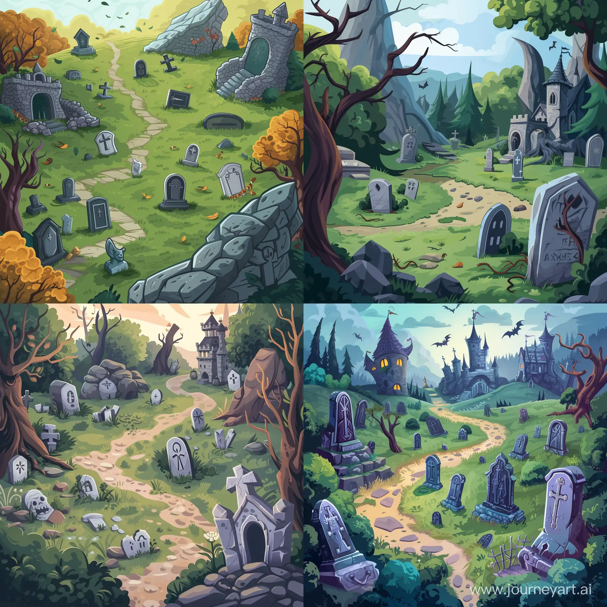 Нарисуй задник для мобильной казуальной игры, на картинке должно быть кладбище, в правом нижнем углу должен быть замок, сделай эту картинку в 2D, сделай картинку более плоской
