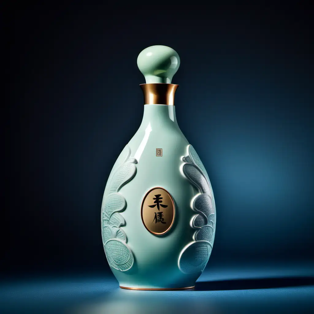 Chinese health and wellness liquor, high end liquor, 500 ml ceramic bottle design, precision product photograph images, high and delicate details, unique and modern shape design, light green and blue color, Stylish texture, brand name is 玖莼