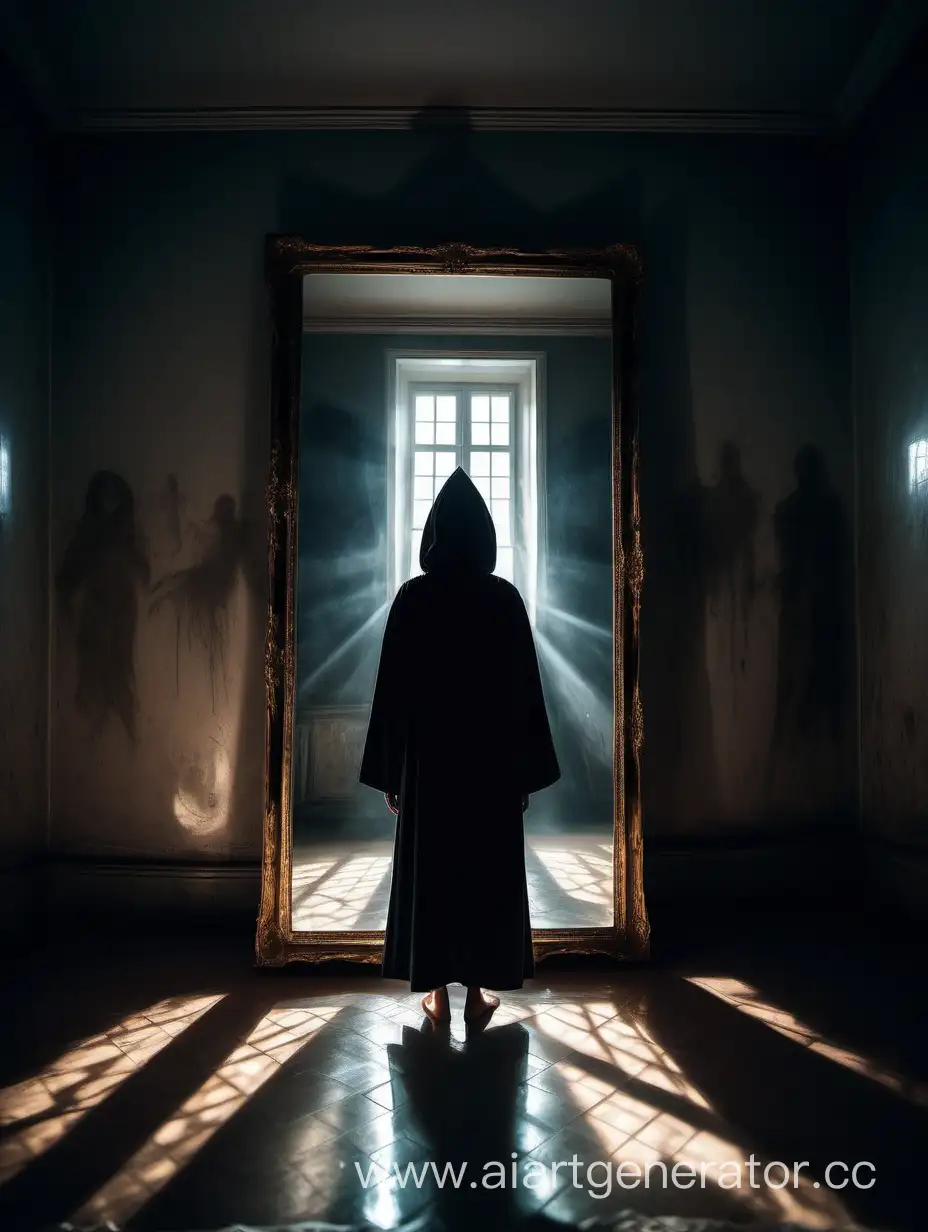 there is a mirror in the center of the room, large, square, in an old style, glowing from within, the room is filled with light from the mirror, next to it stands a girl in a black robe with a hood and looks in the mirror, the dark entities of the other world are reflected in the mirror