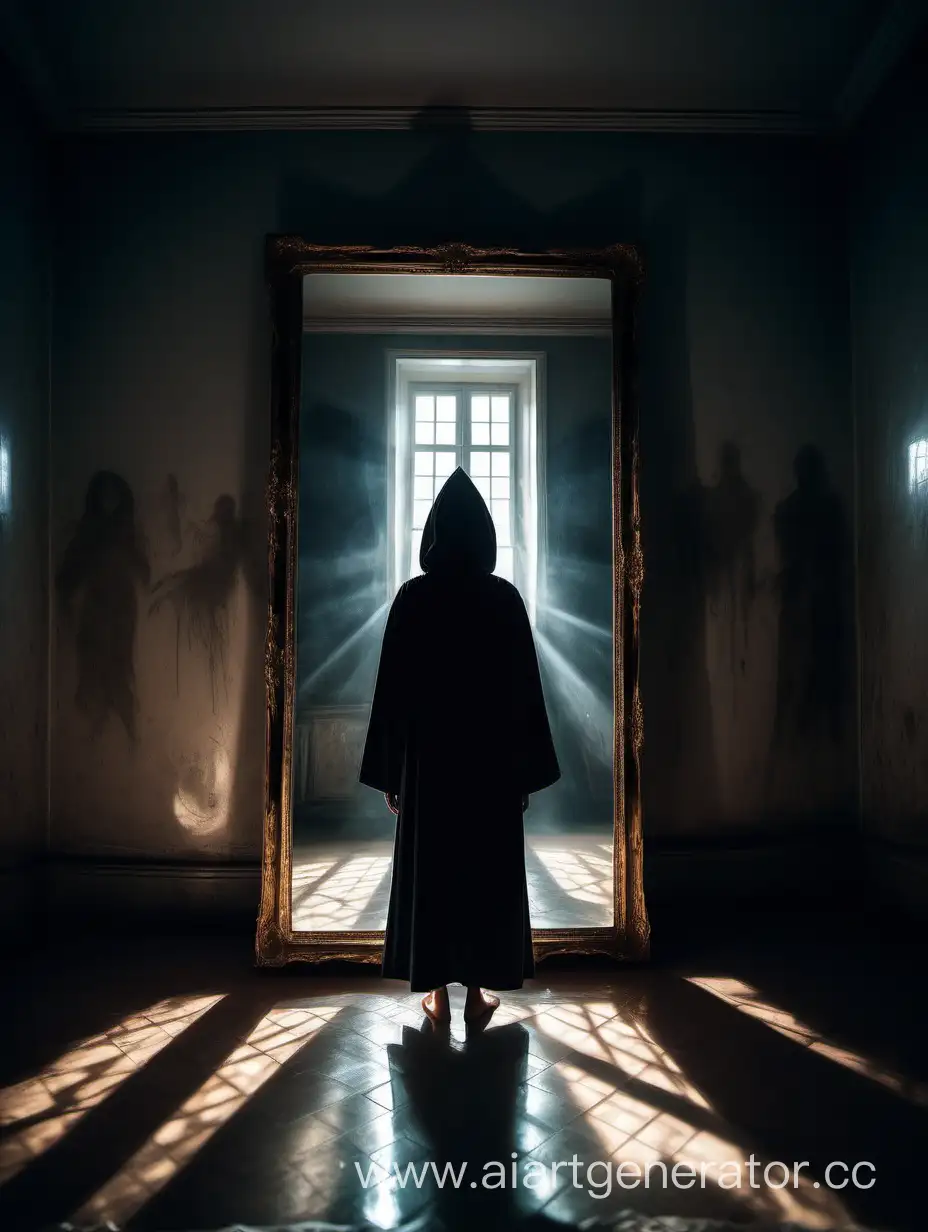 Hooded-Girl-Gazes-into-Illuminated-Ancient-Mirror-Amidst-Dark-Entities