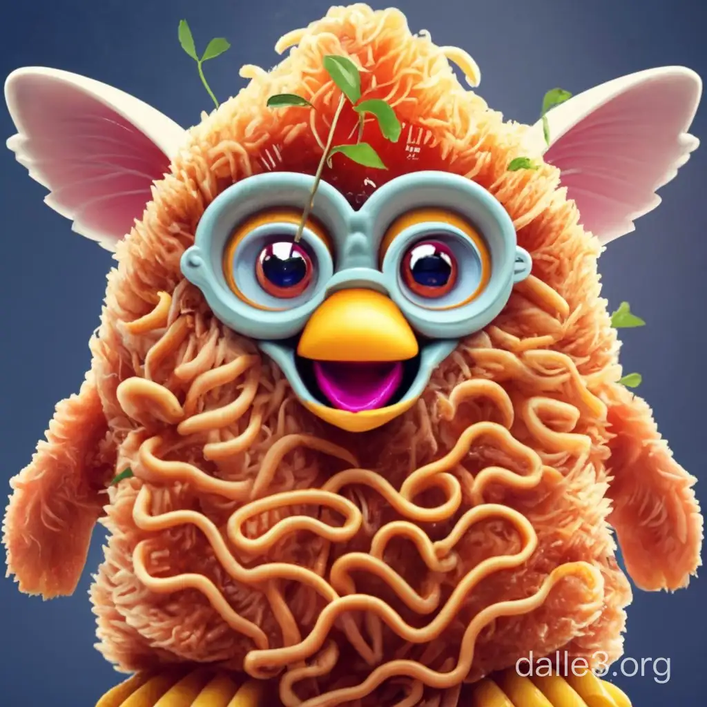 Furby but made of raising canes chicken tenders and raising canes sauce