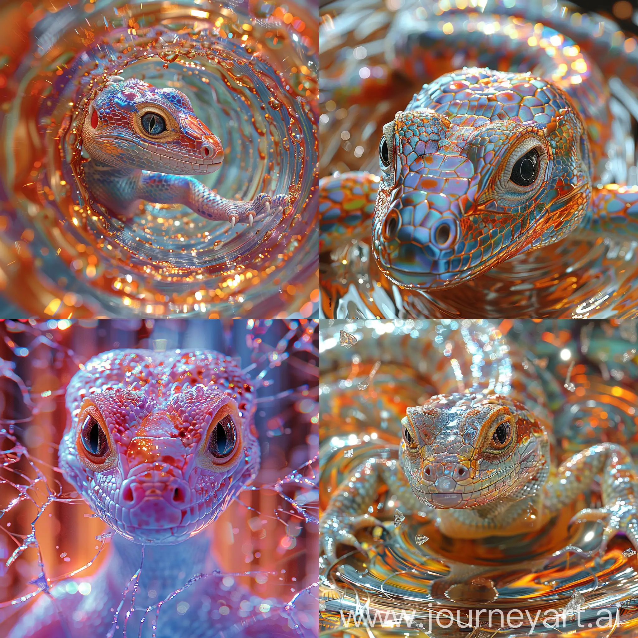 (Lizard) , Unconventional and Tropical, (copper theme) , FOV 90 degrees, surreal, Muted Colors, award winning, photorealism, alien, blacklight photography as a street fighter character, Shattered glass reflecting vibrant hues, dances in an ethereal swirl --stylize 750 --v 6